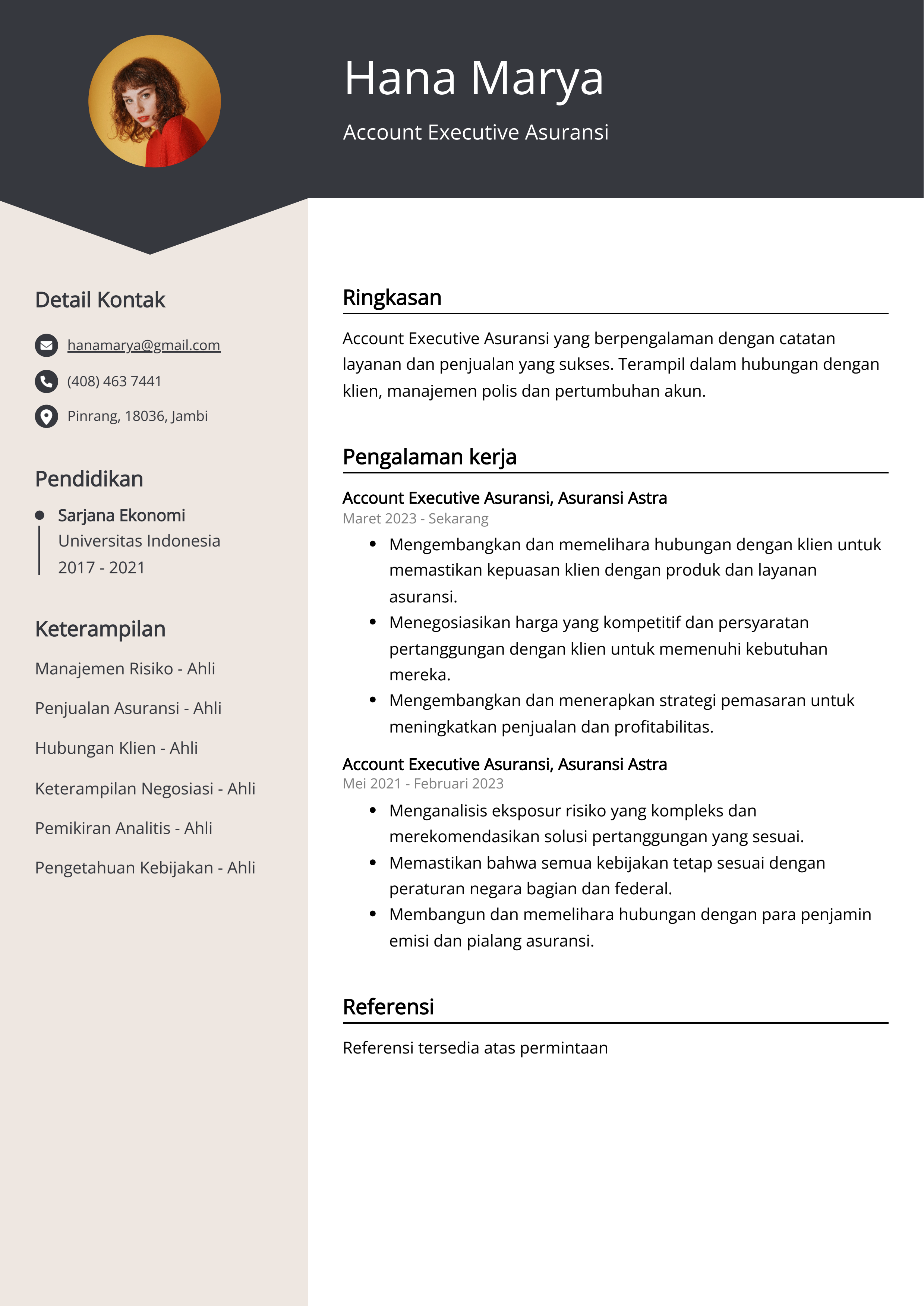 Contoh Resume Account Executive Asuransi