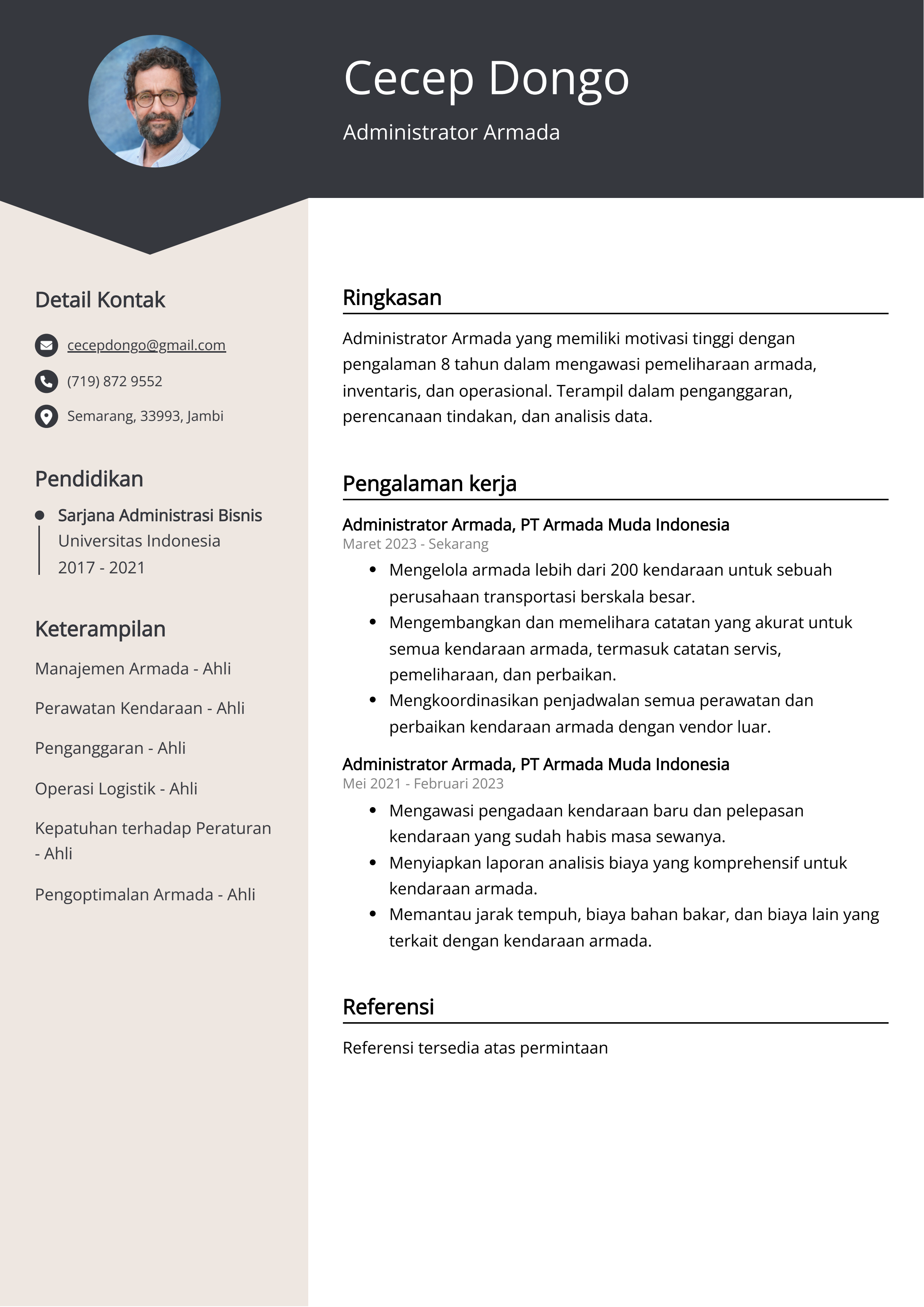 Contoh Resume Armada Administrator