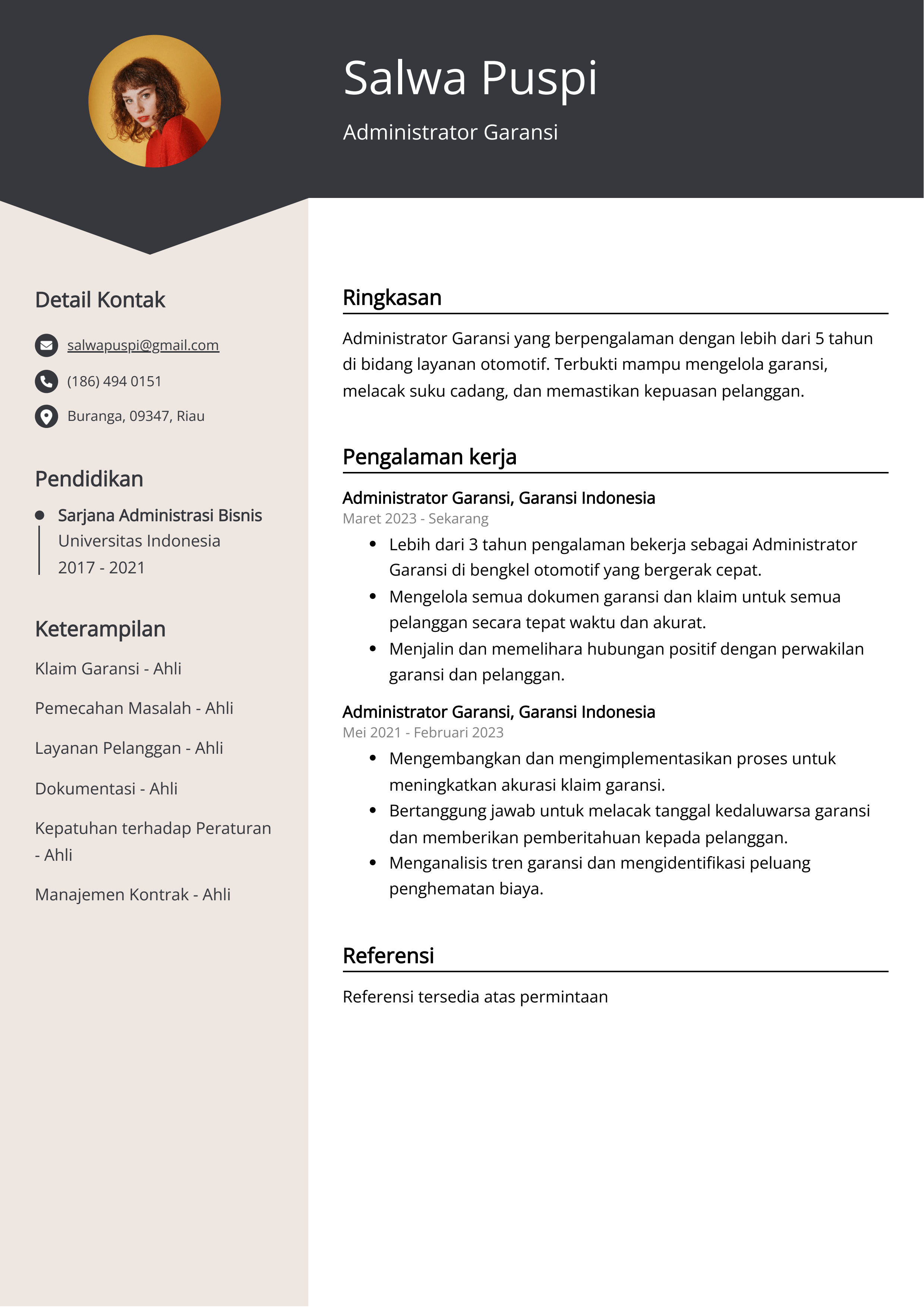 Contoh Resume Garansi Administrator