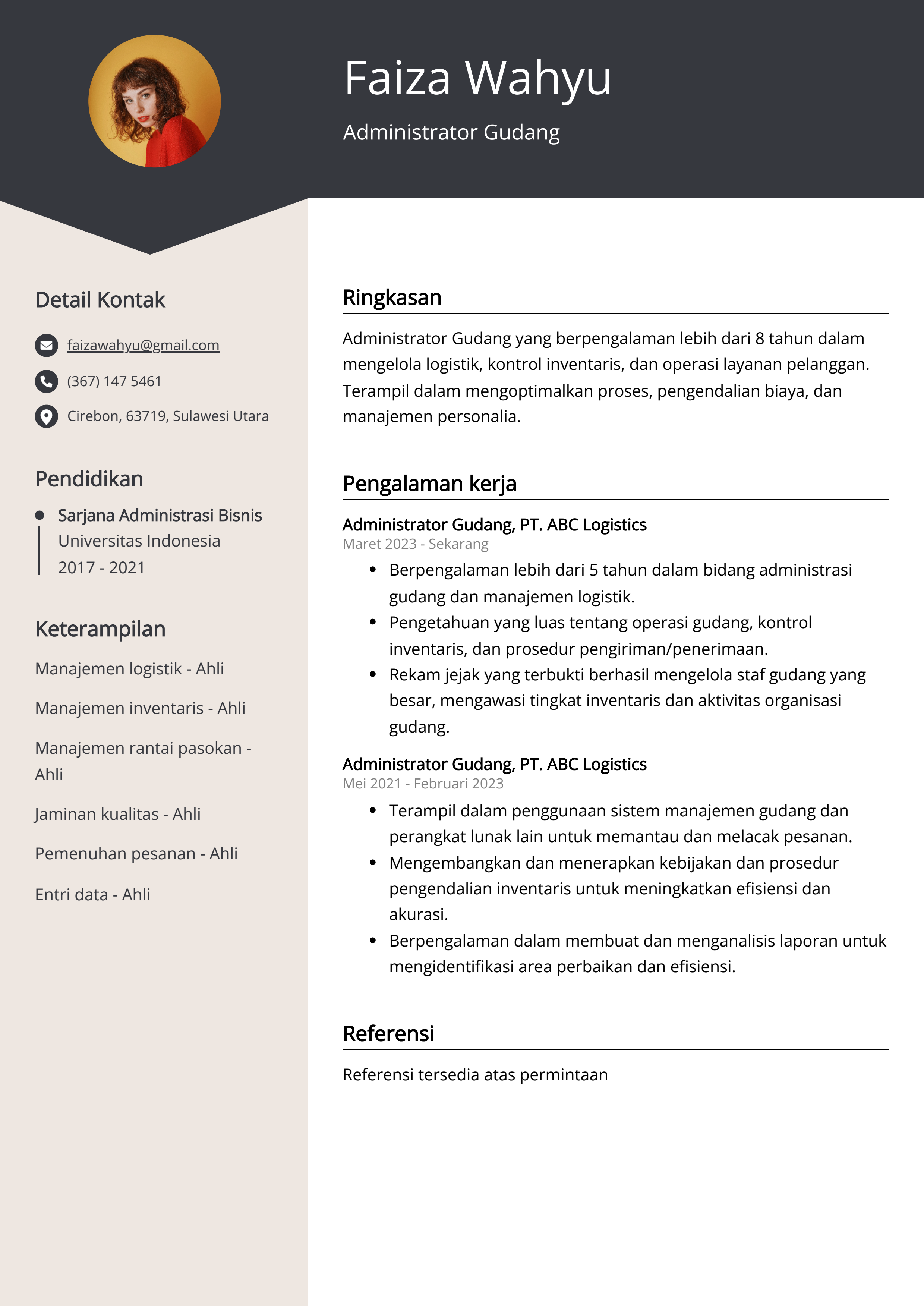 Contoh Resume Administrator Gudang