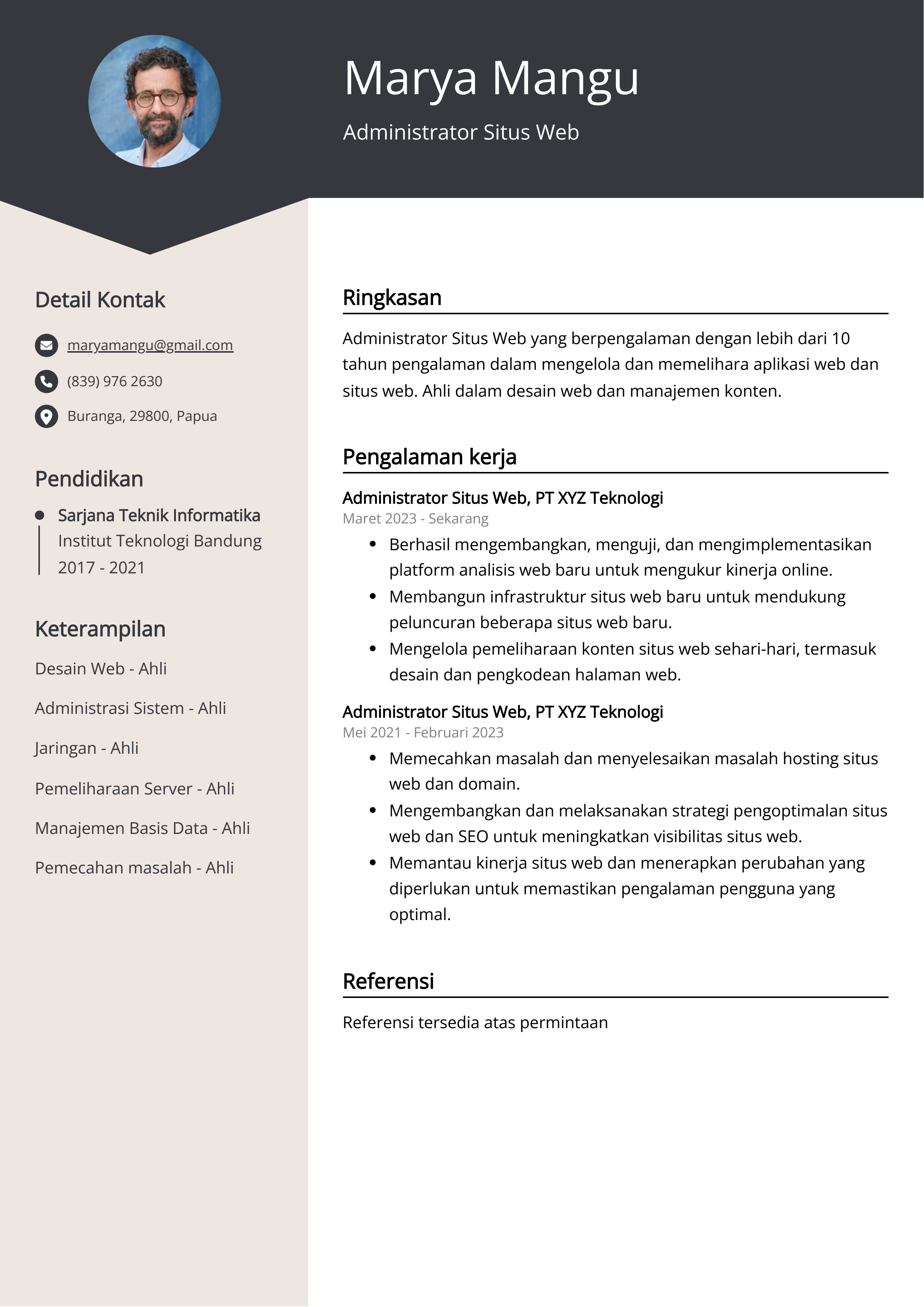 Contoh Resume Web Administrator Situs Web