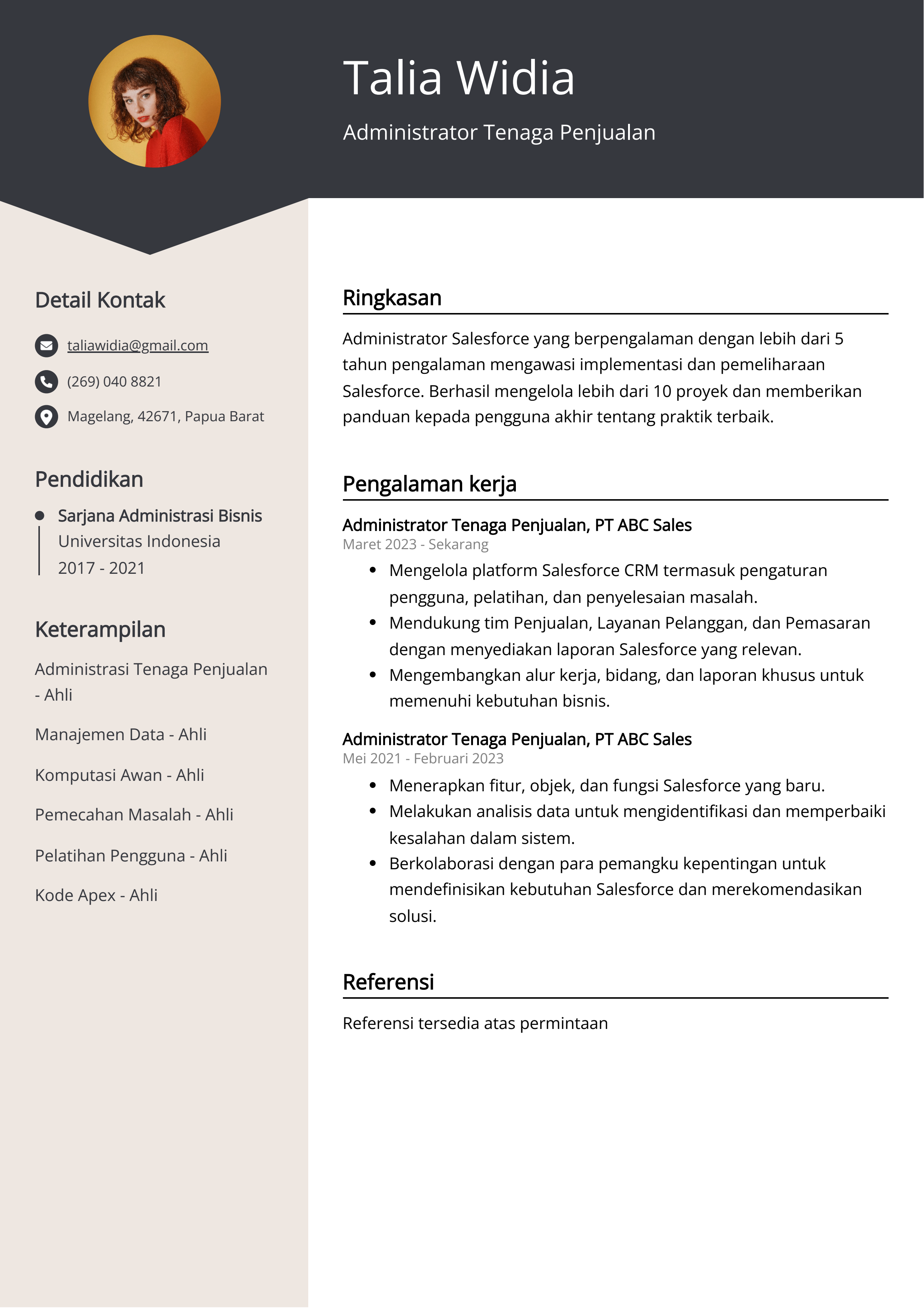 Contoh Resume Administrator Tenaga Penjualan