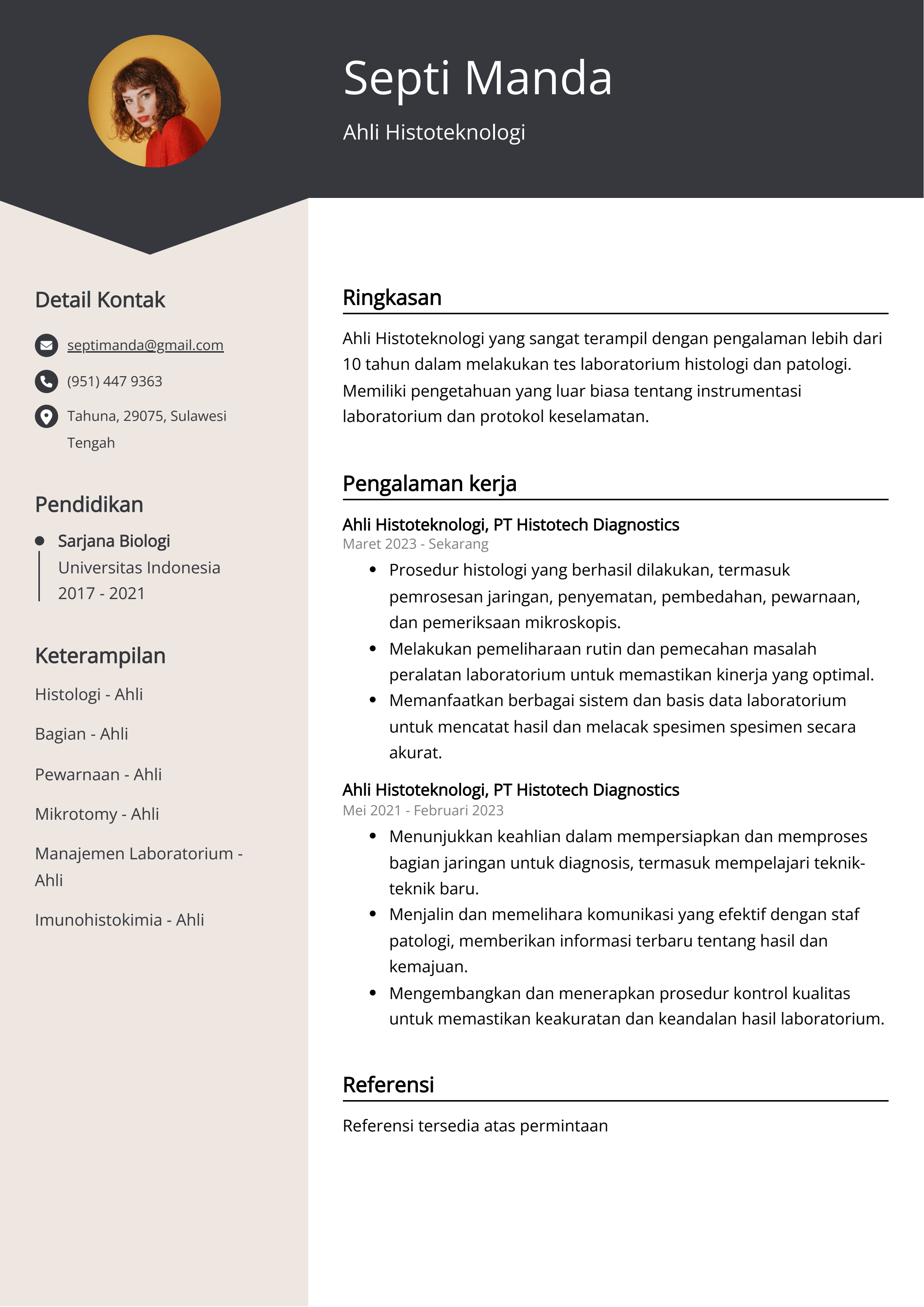 Contoh Resume Ahli Histoteknologi