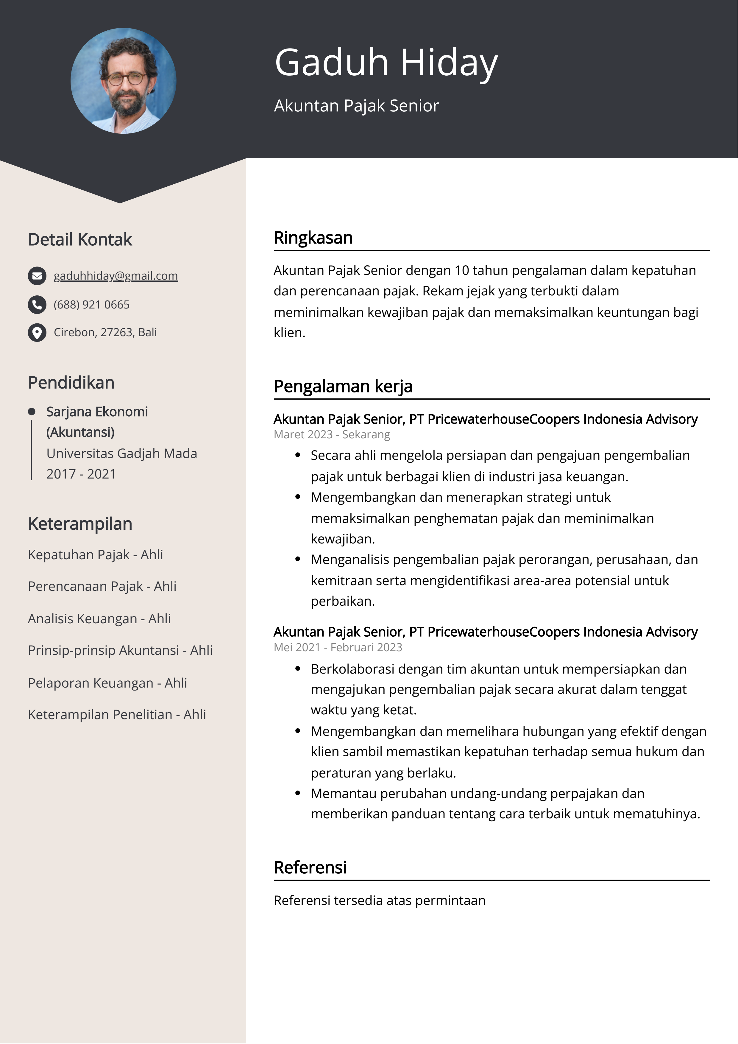 Contoh Resume Akuntan Pajak Senior