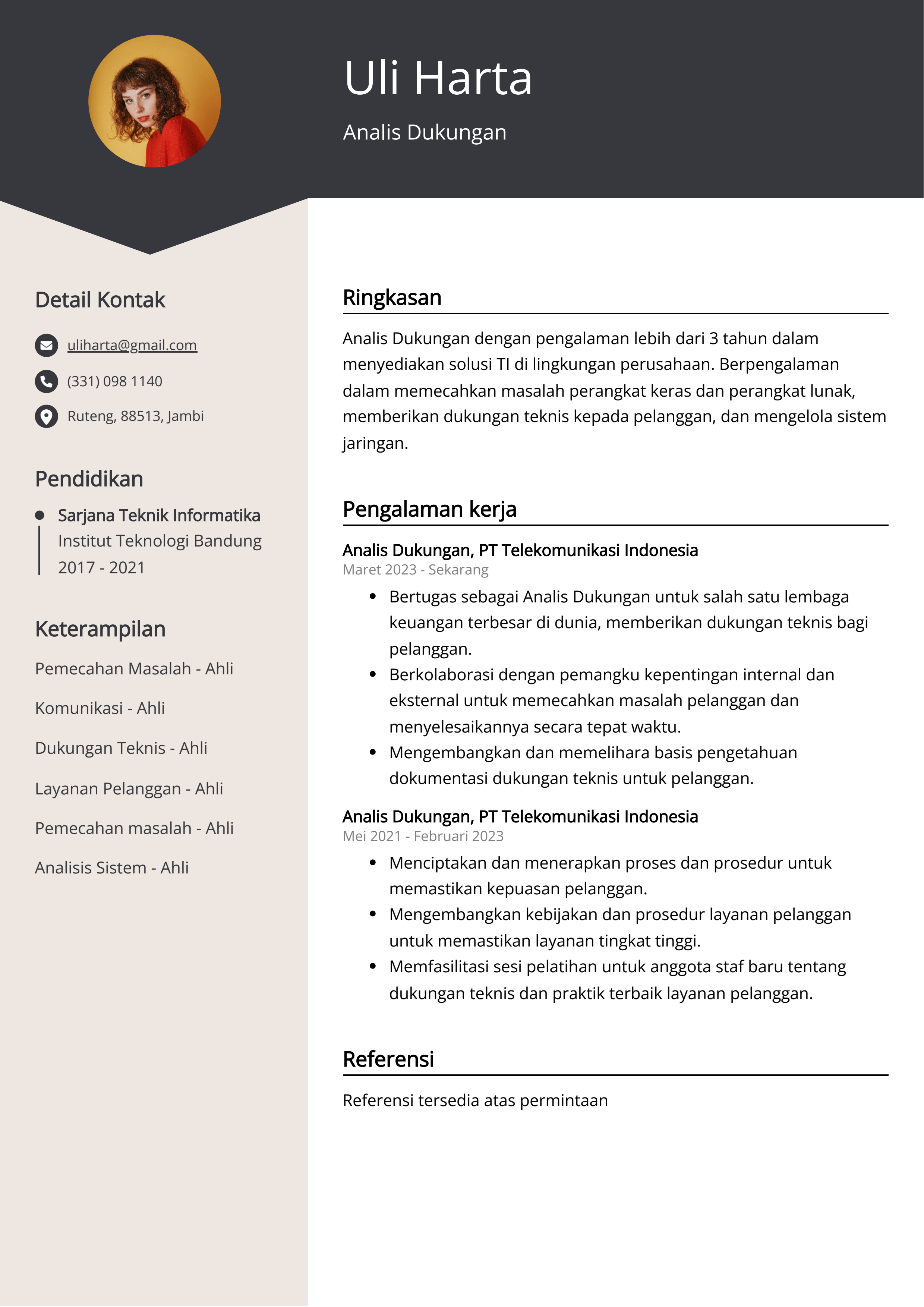 Contoh Resume Analis Dukungan