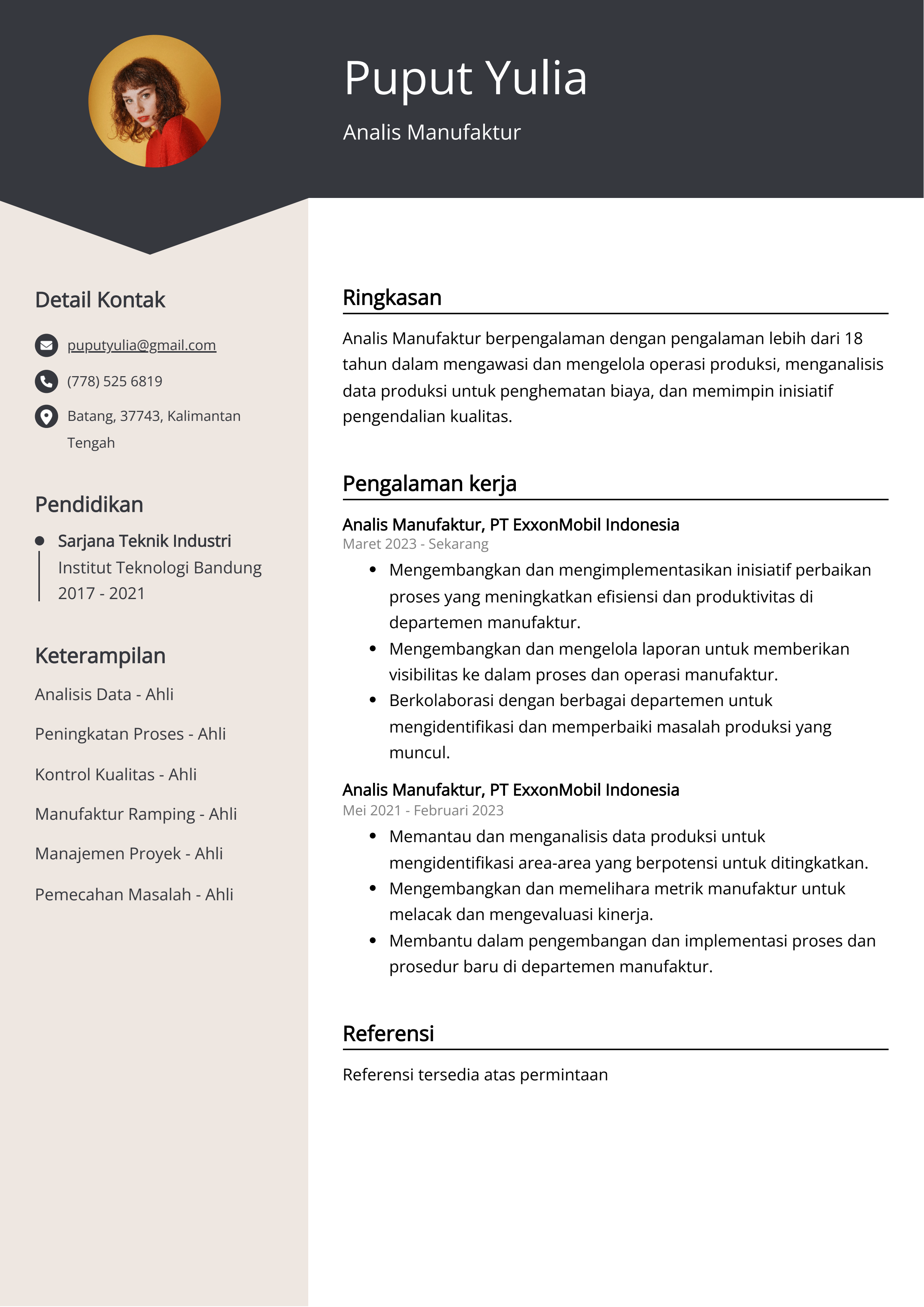 Contoh Resume Analis Manufaktur