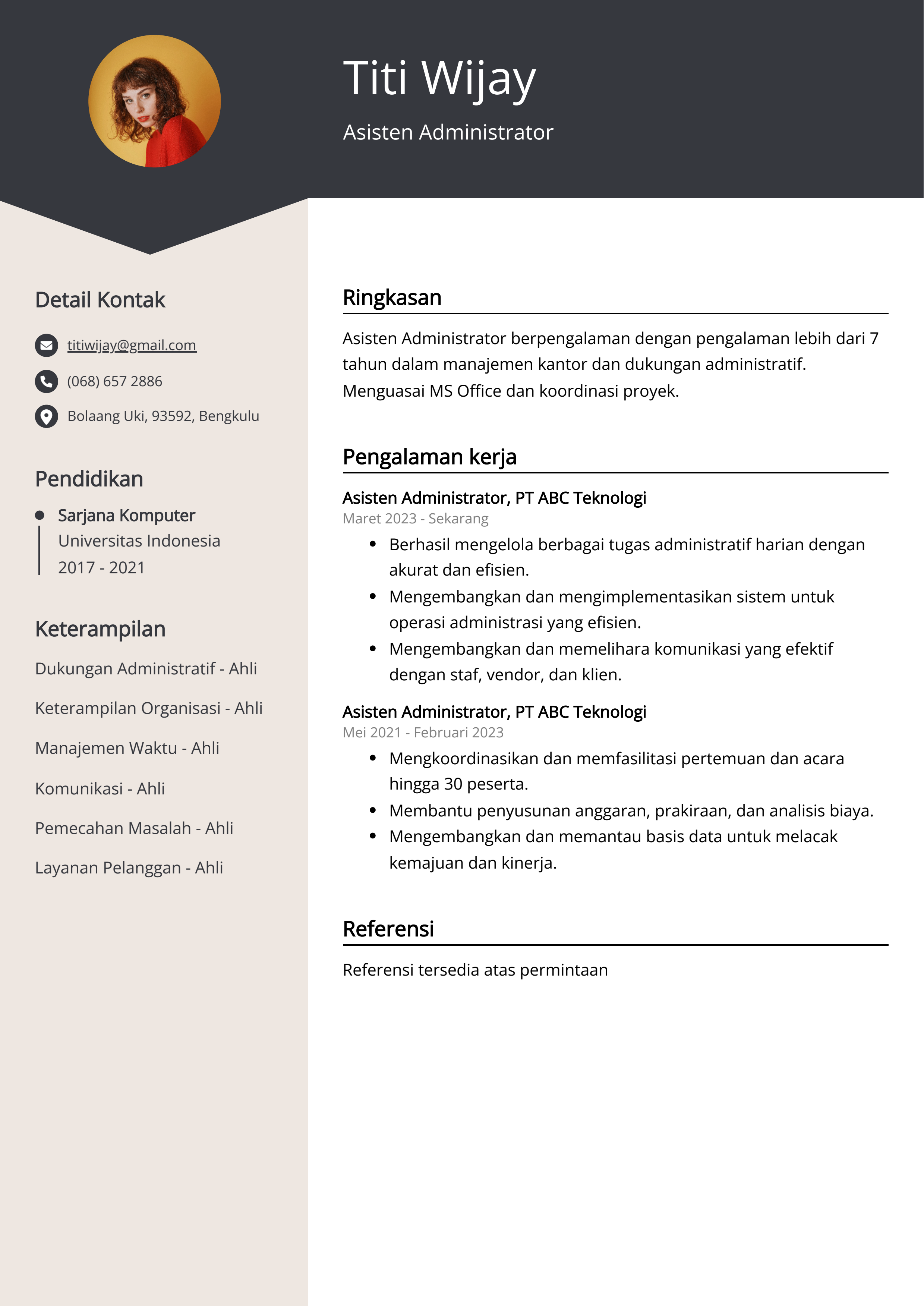 Contoh Resume Asisten Administrator