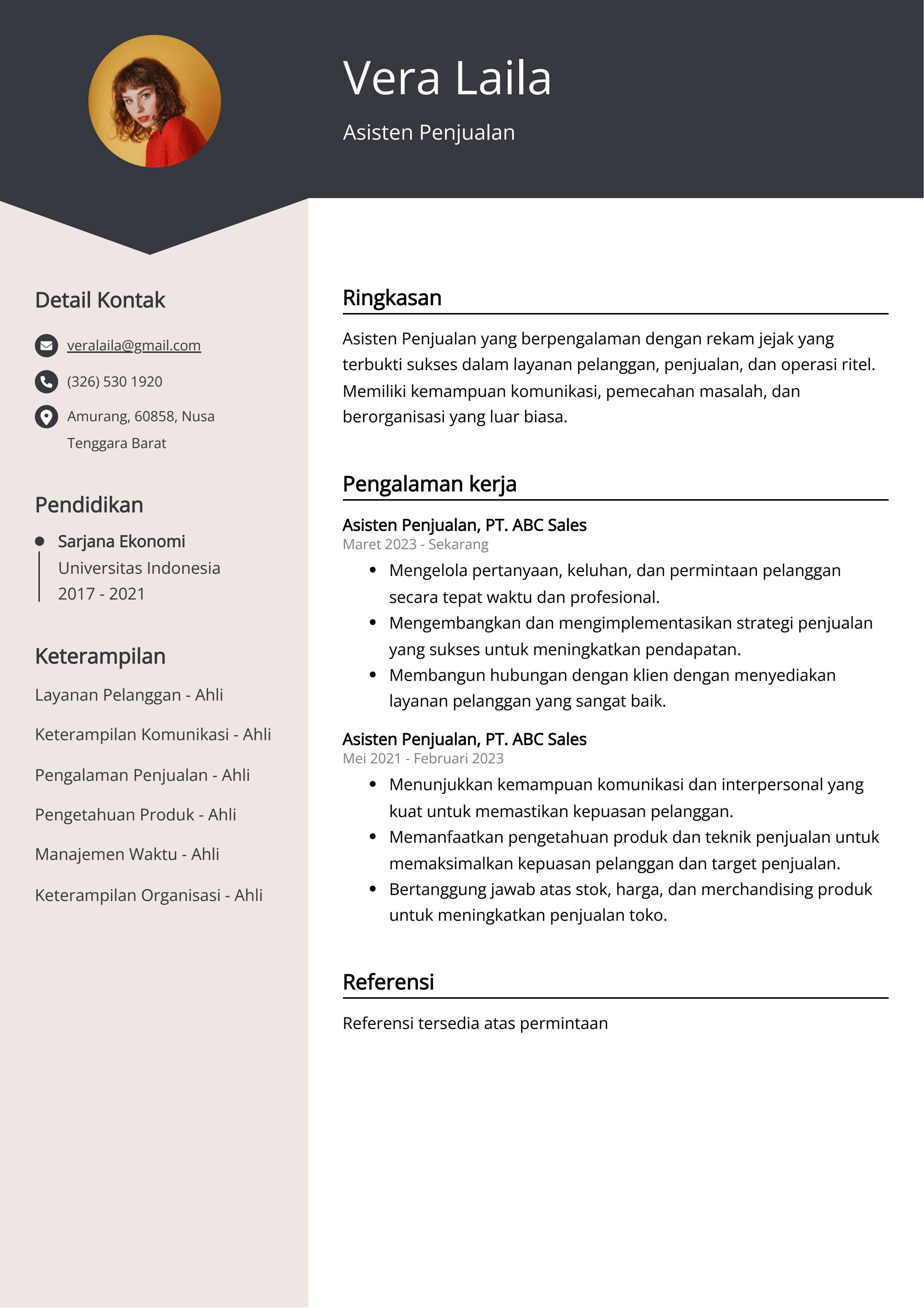 Contoh Resume Asisten Penjualan