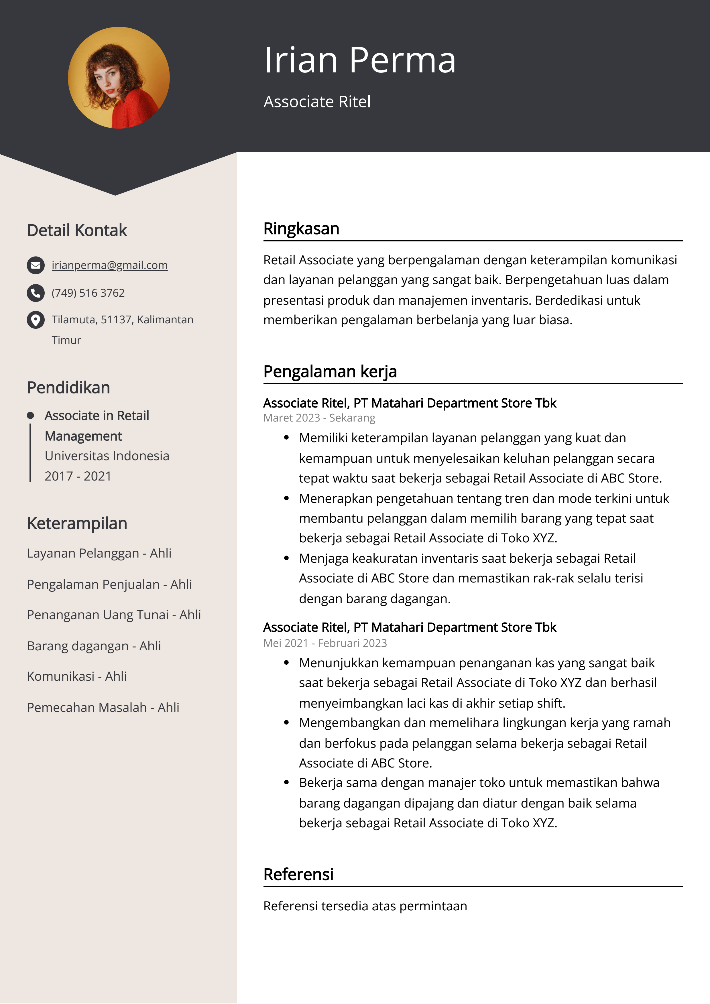 Contoh Resume Ritel Associate