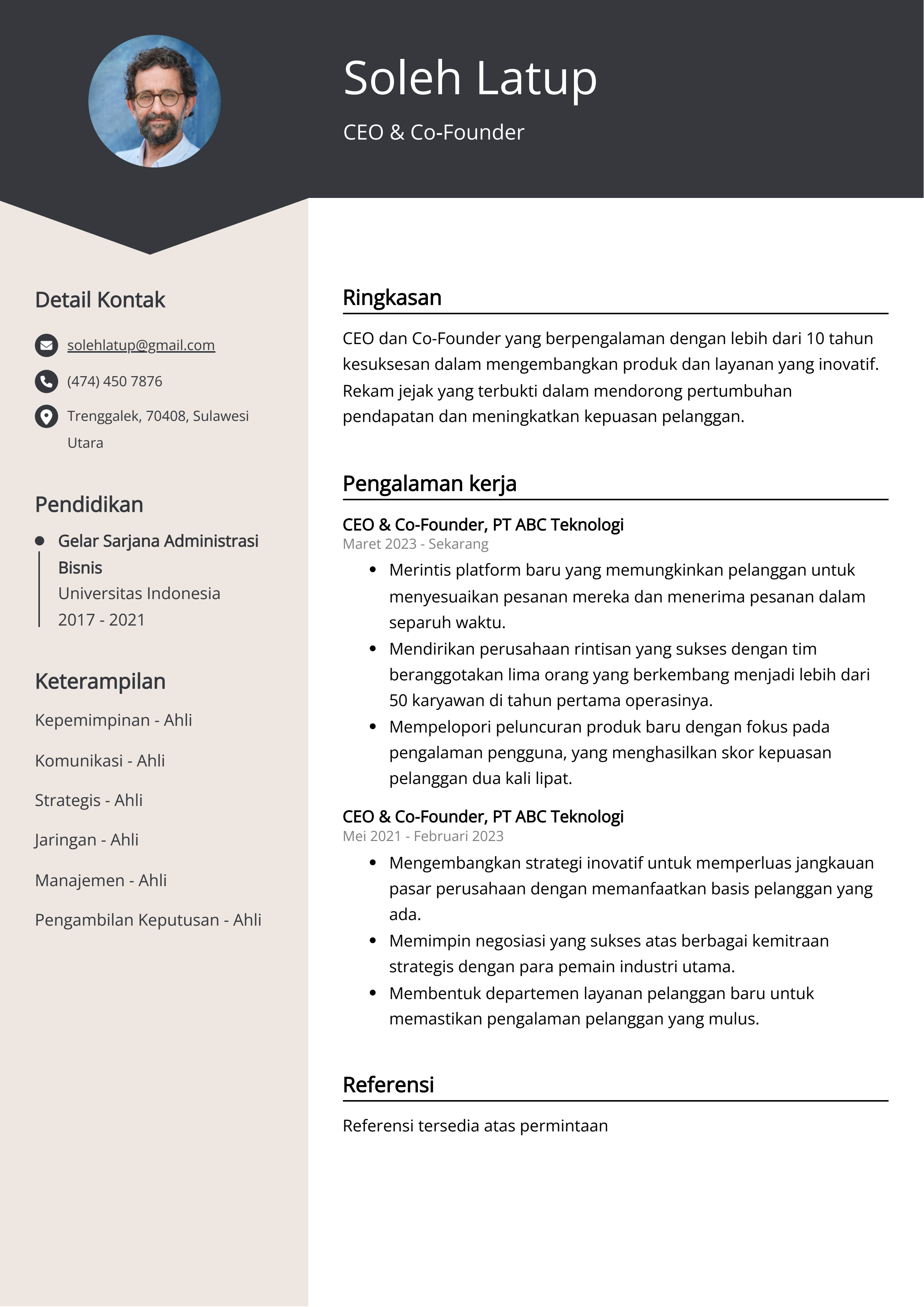Contoh Resume CEO & Co-Founder