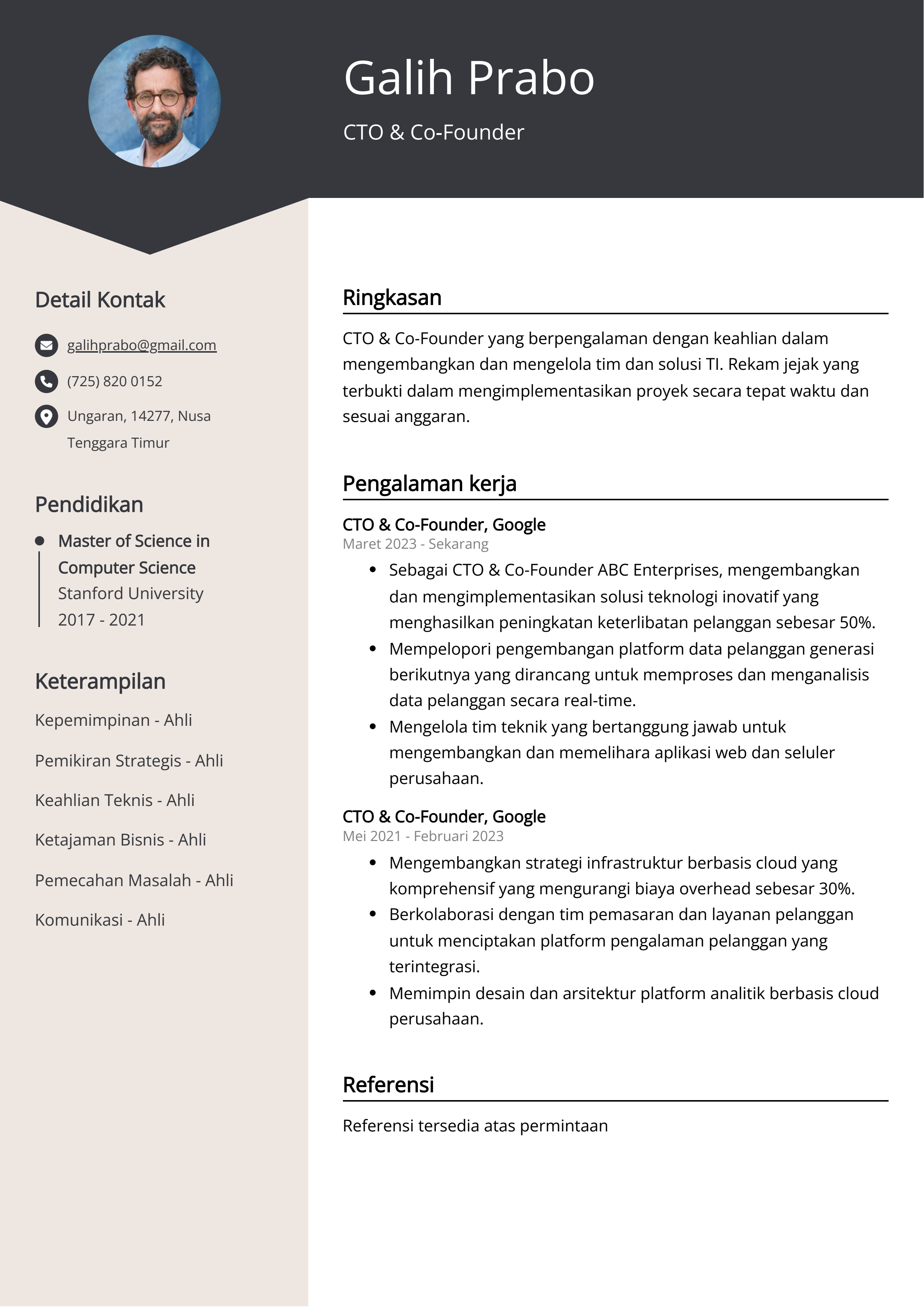 Contoh Resume CTO & Co-Founder