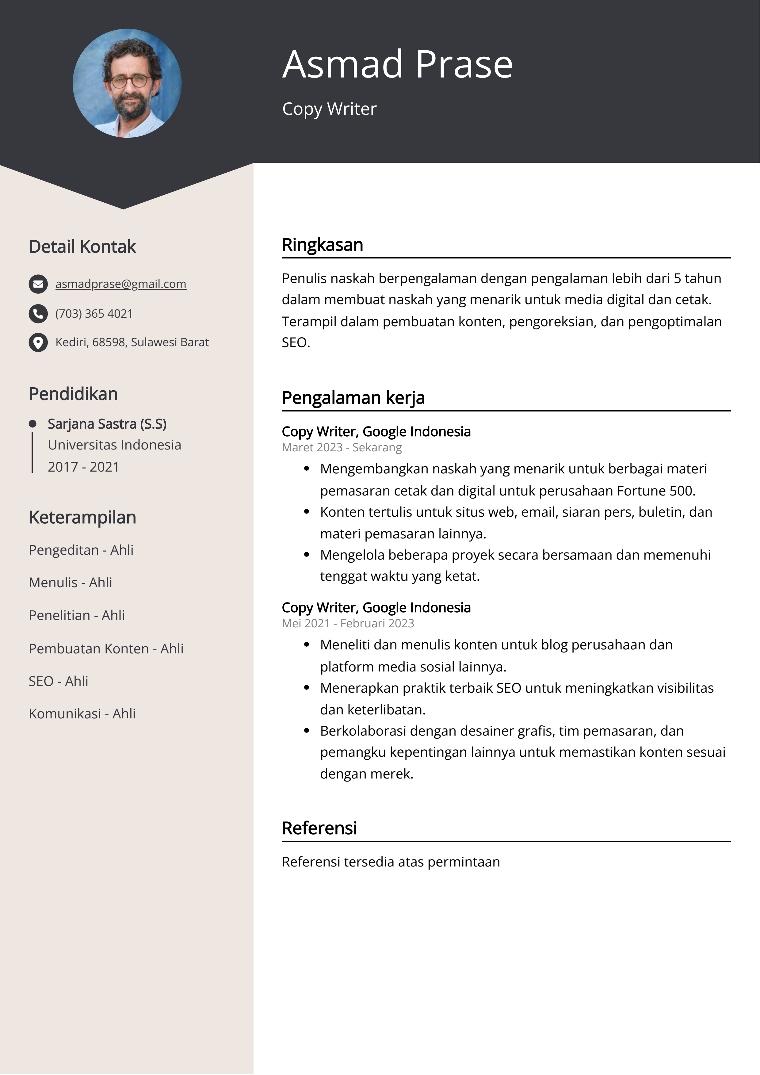 Contoh Resume Copy Writer