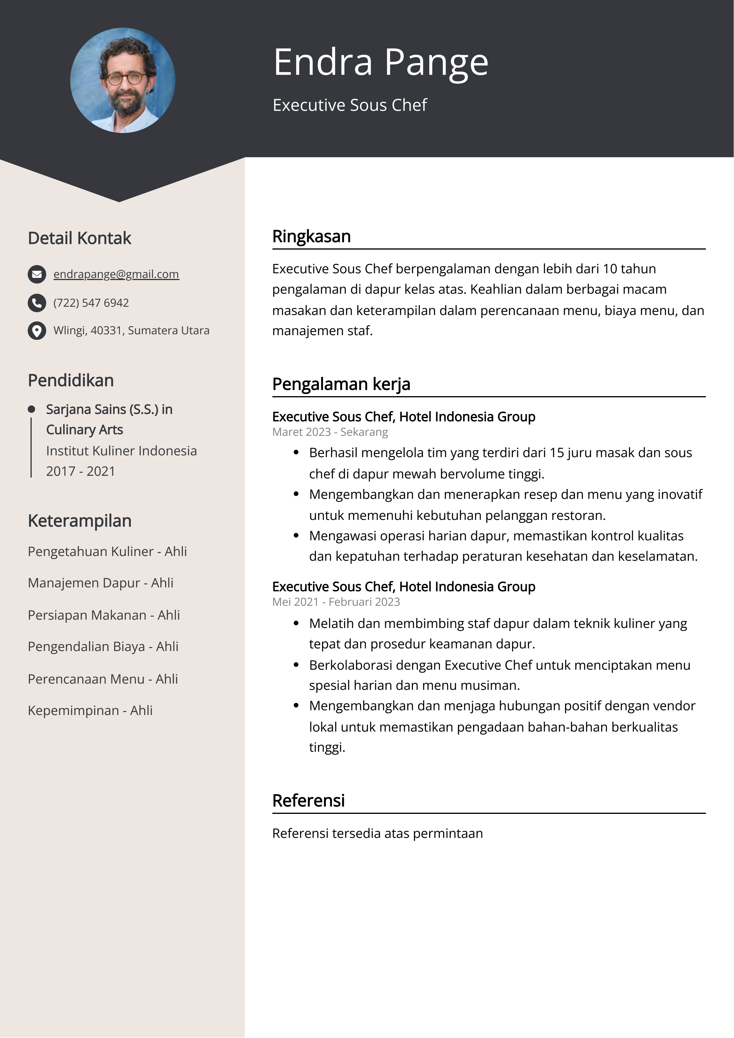 Contoh Resume Executive Sous Chef