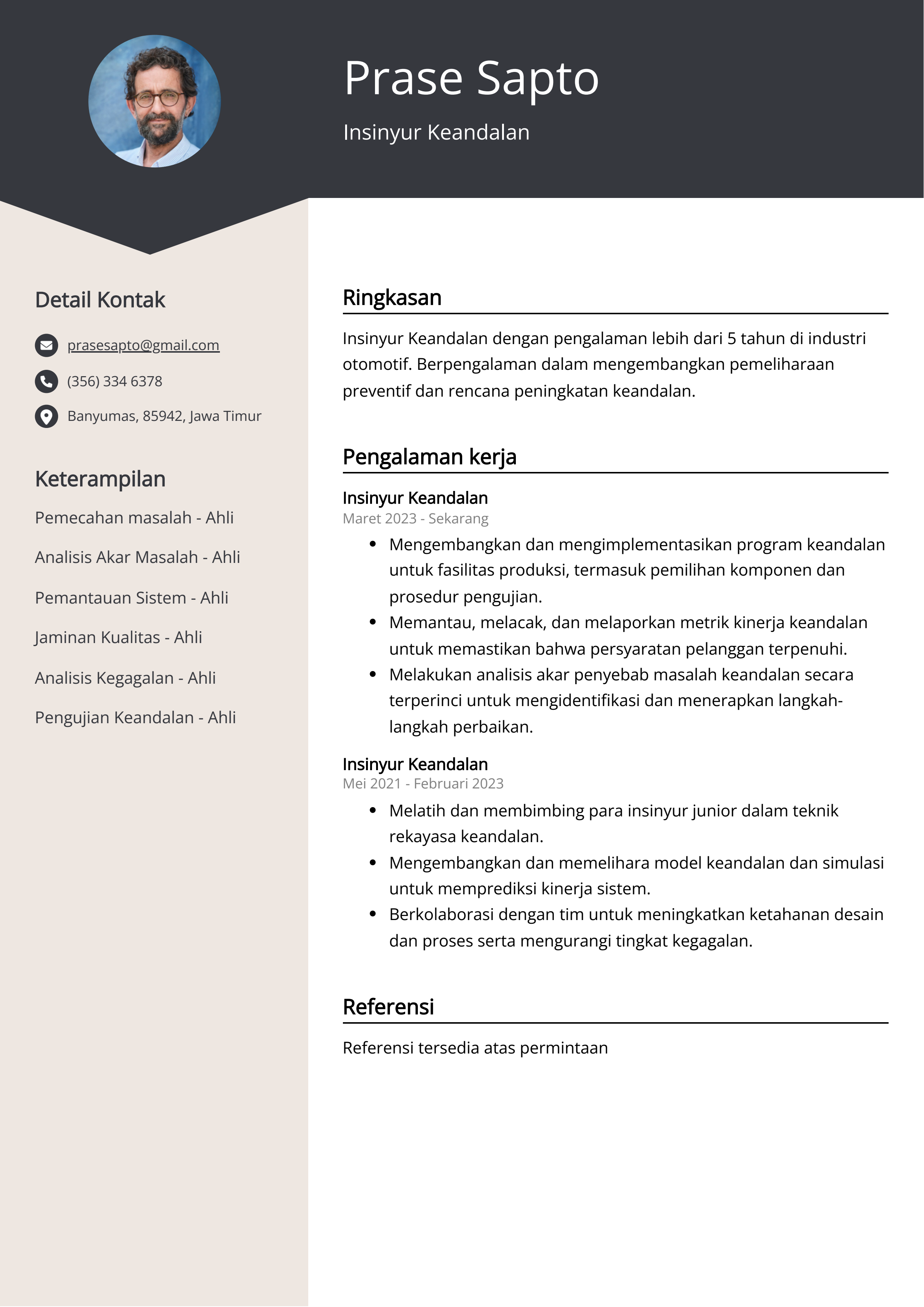 Contoh Resume Insinyur Keandalan