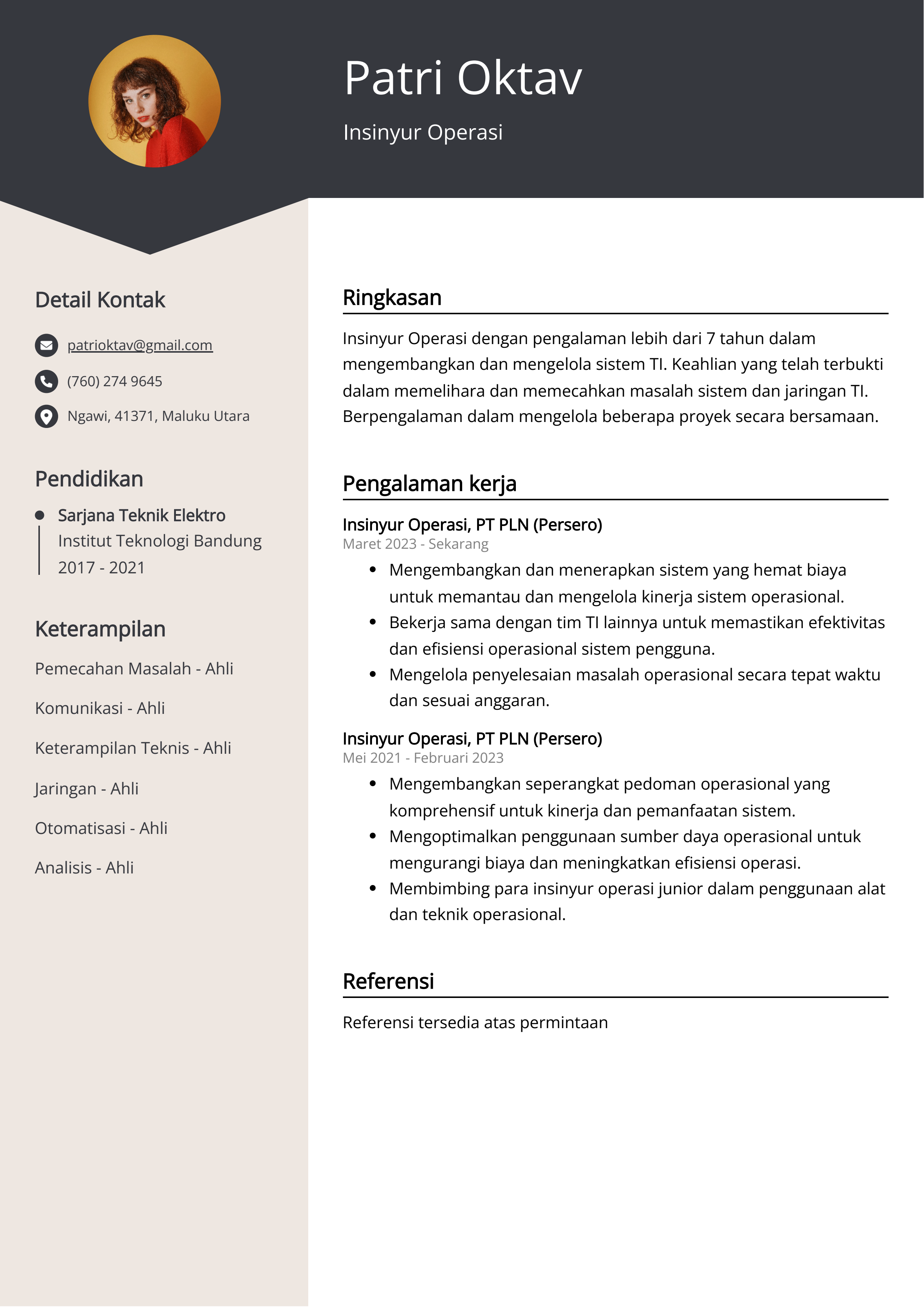 Contoh Resume Insinyur Operasi