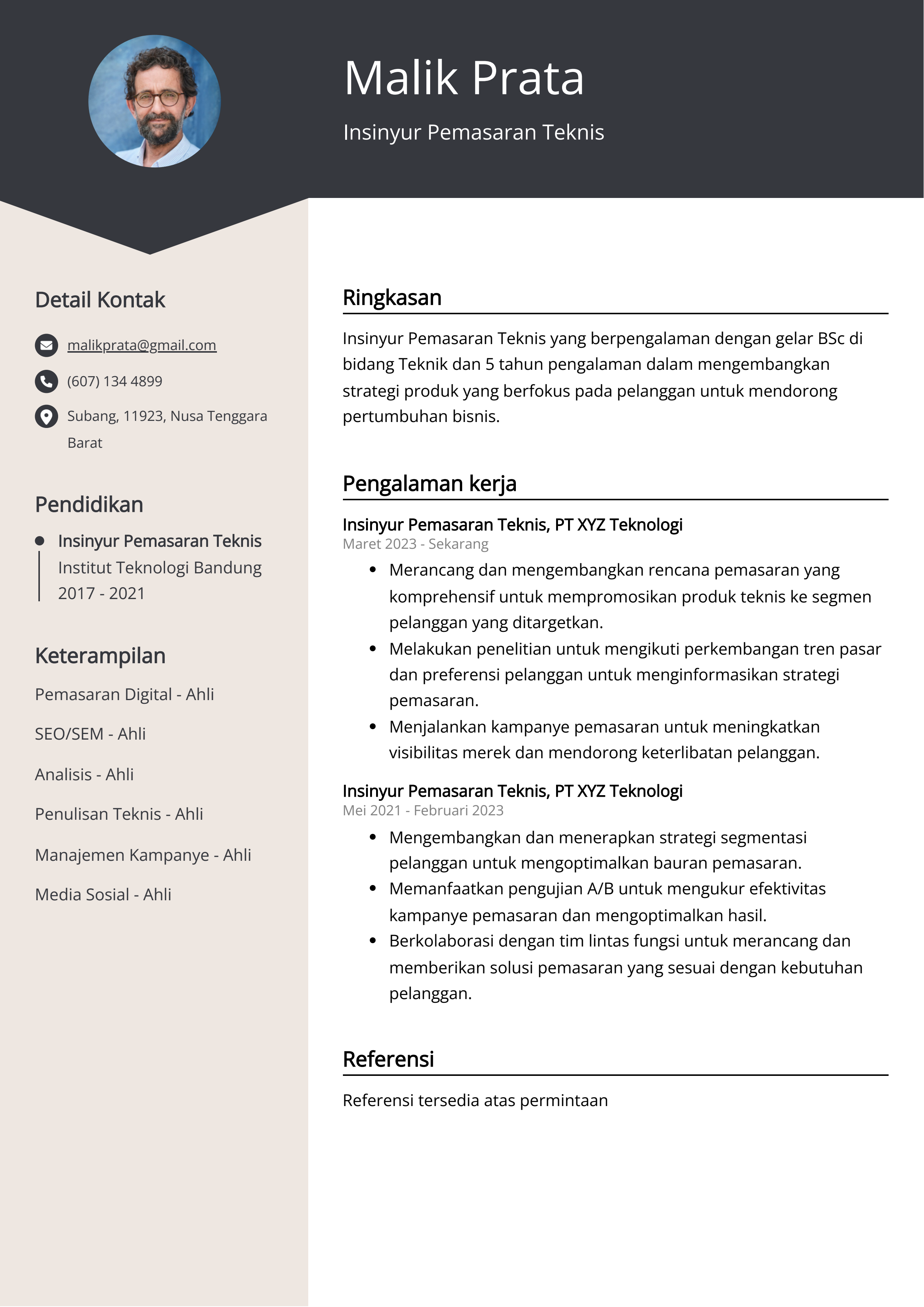 Contoh Resume Insinyur Pemasaran Teknis