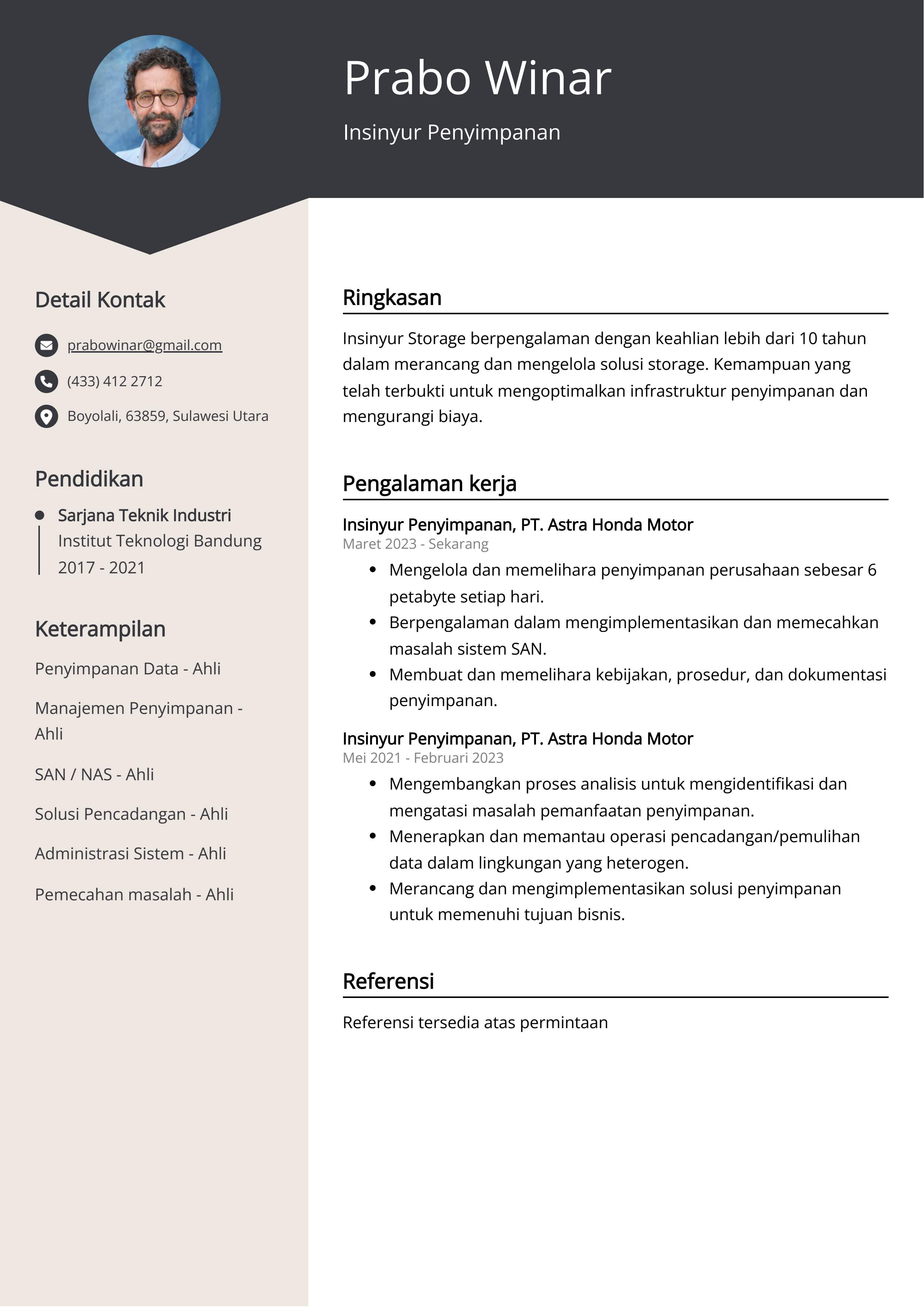 Contoh Resume Insinyur Penyimpanan