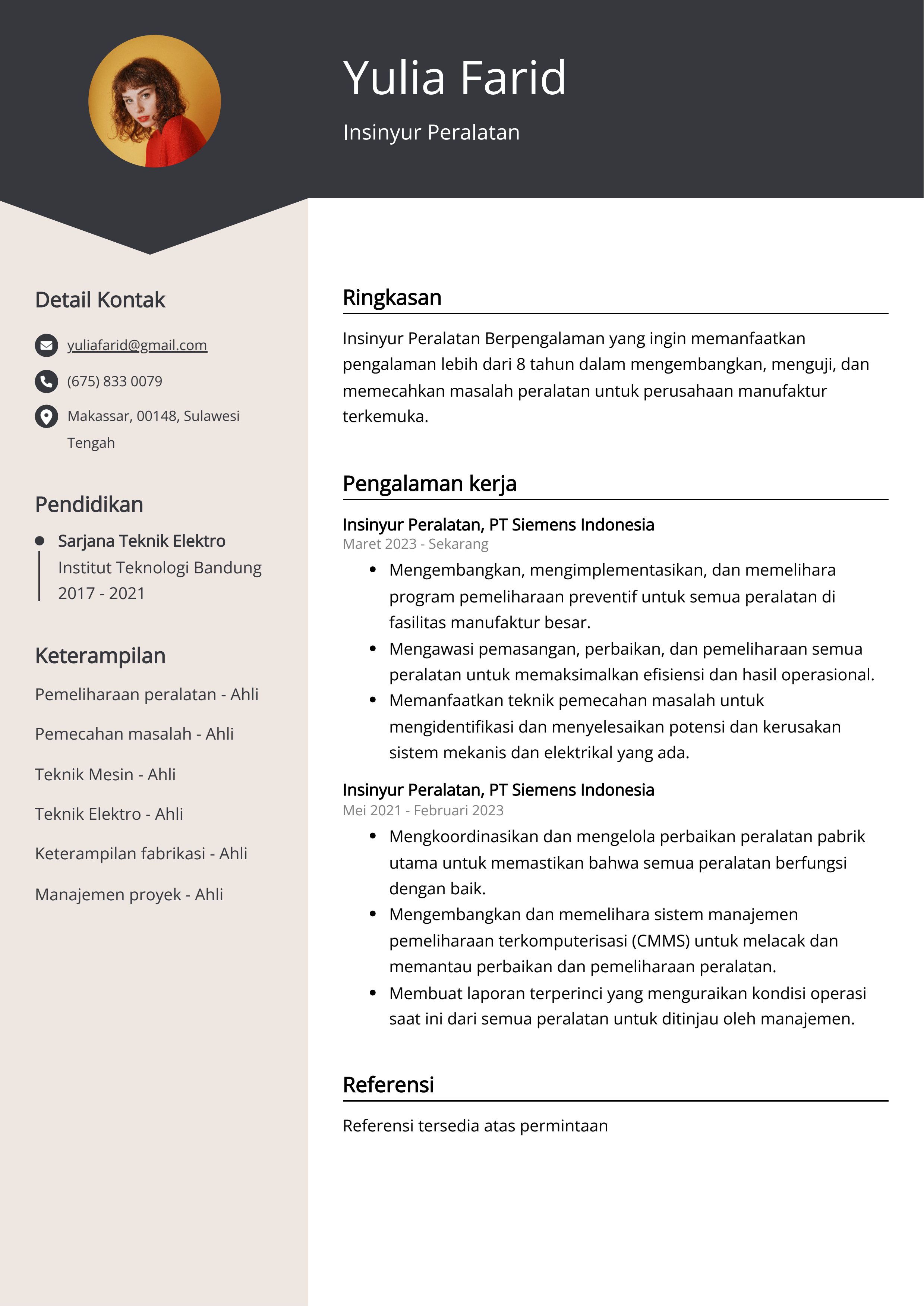 Contoh Resume Insinyur Peralatan