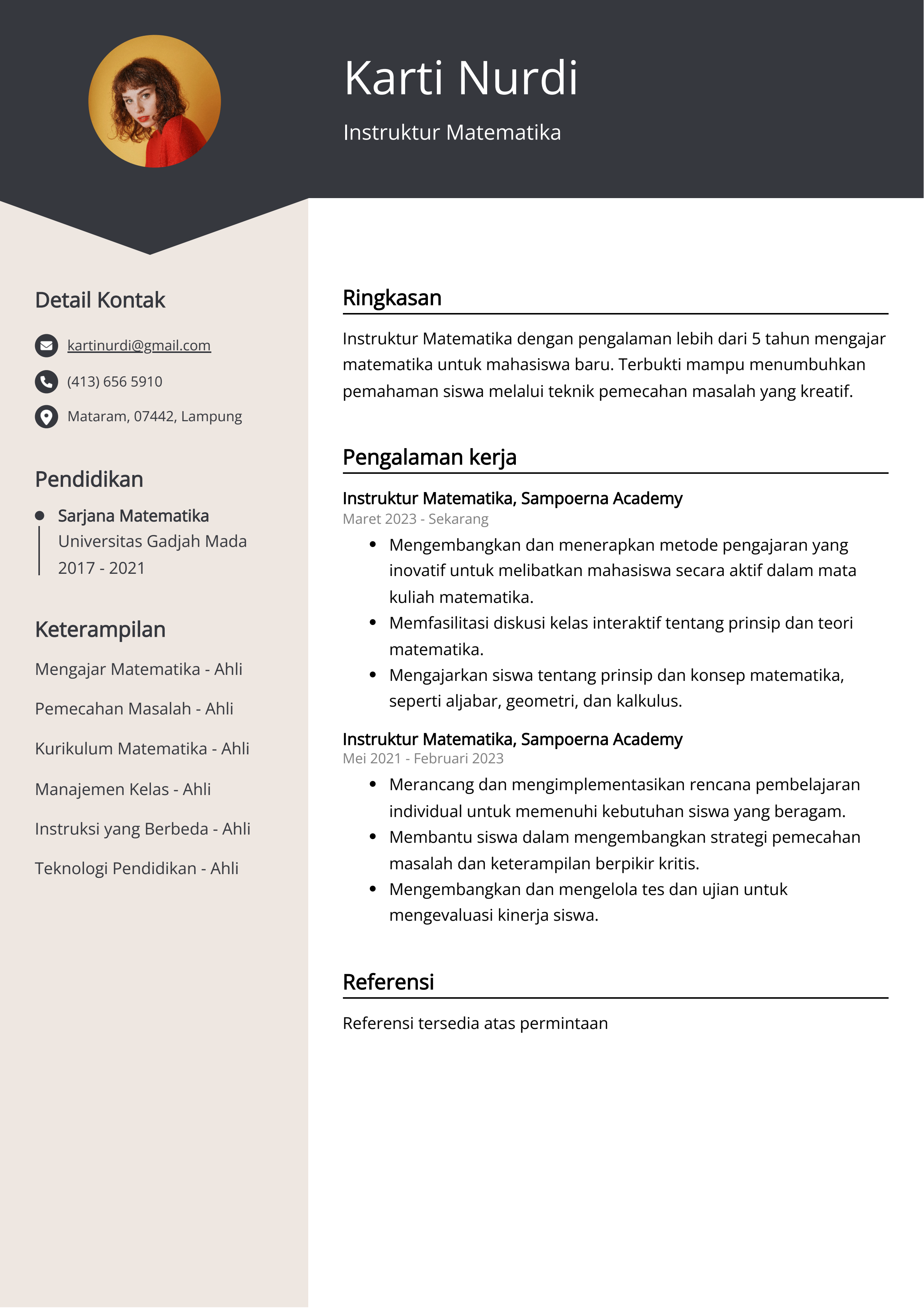 Contoh Resume Instruktur Matematika