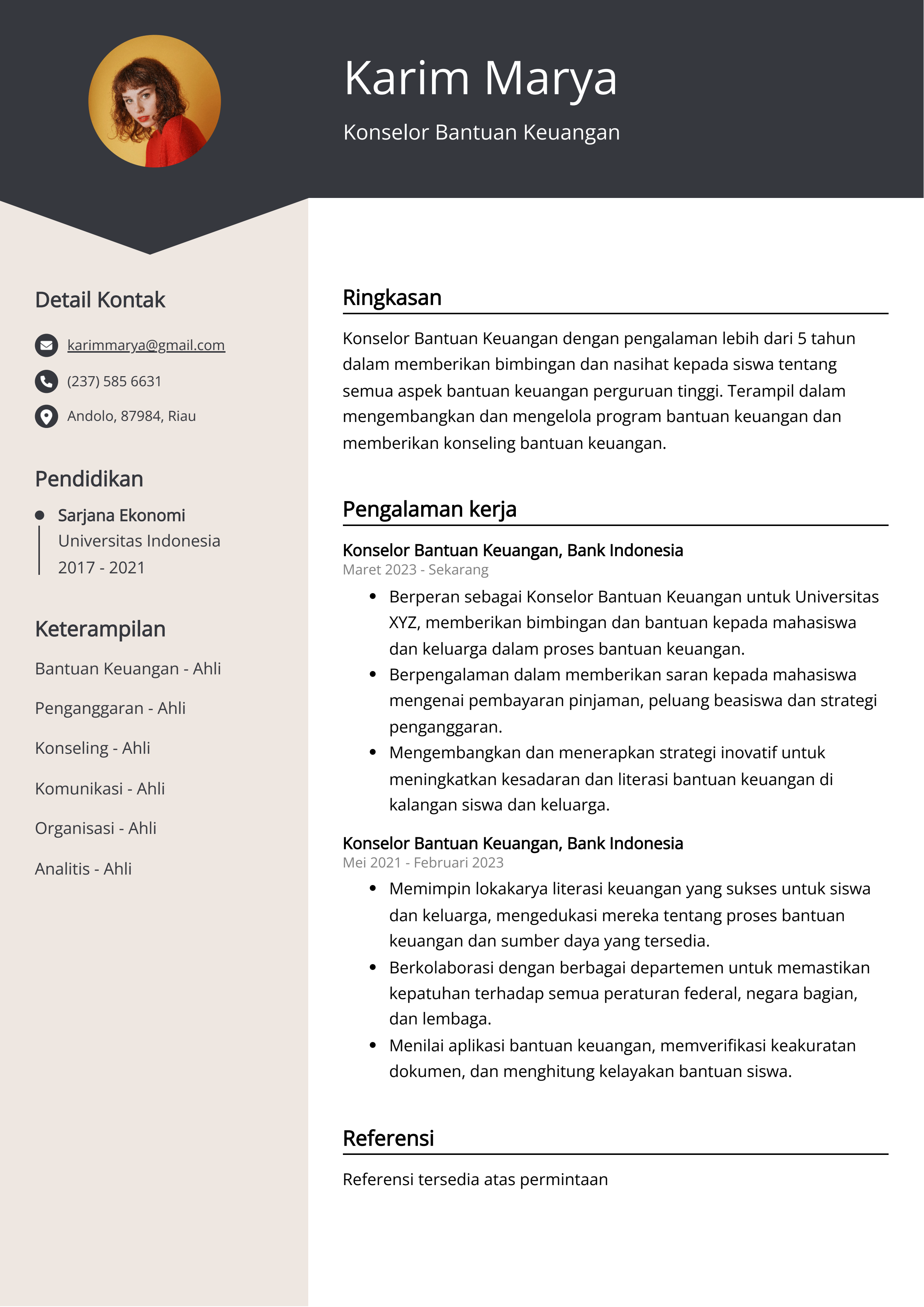 Contoh Resume Konselor Bantuan Keuangan