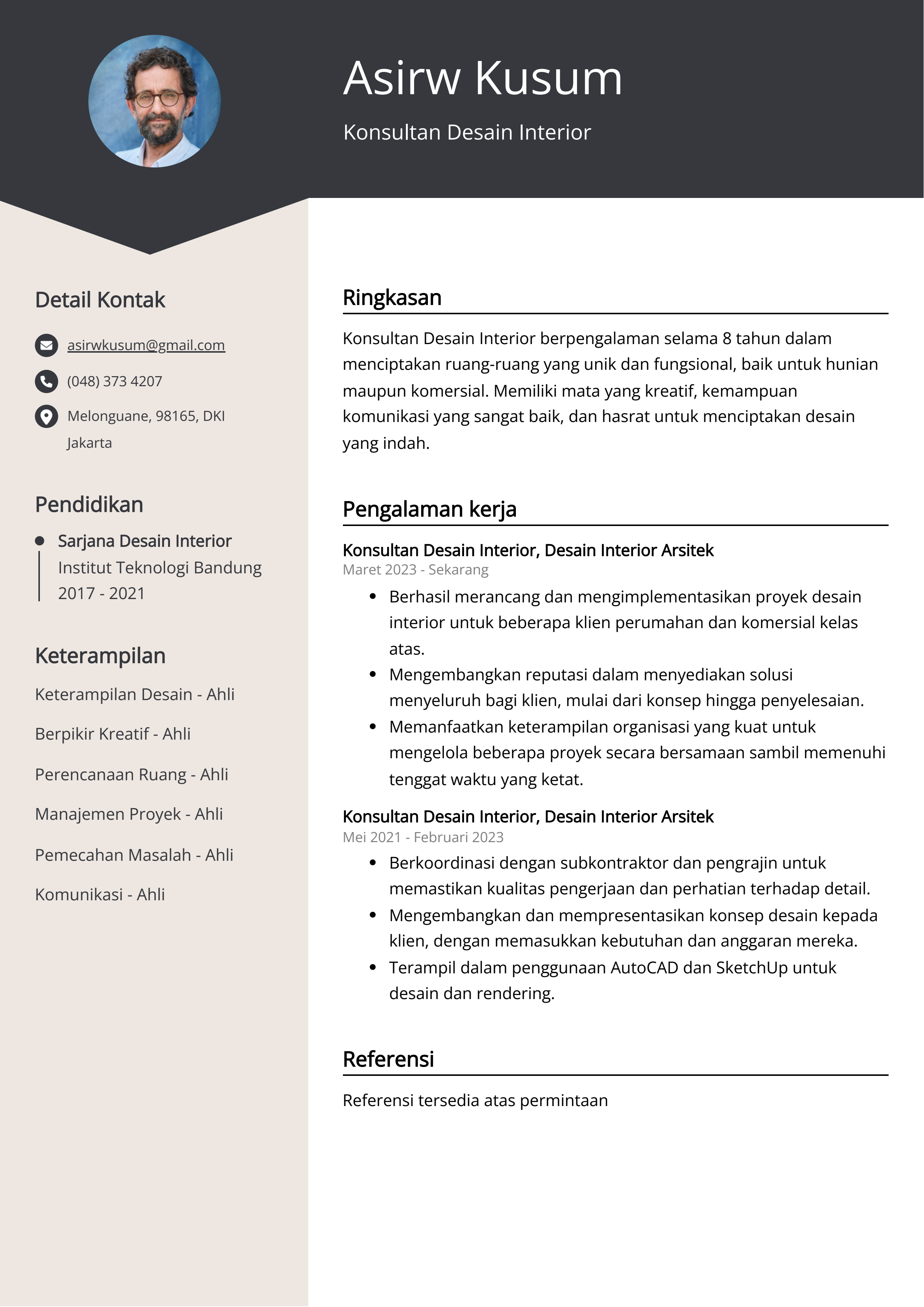 Contoh Resume Konsultan Desain Interior