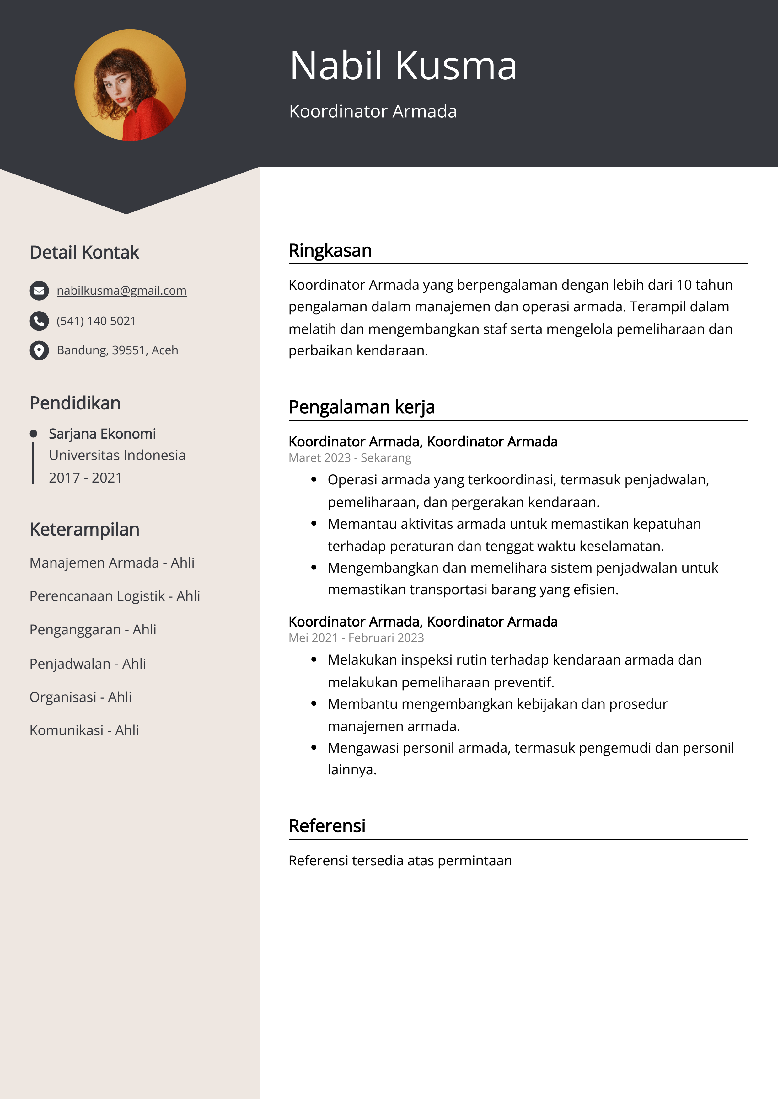 Contoh Resume Koordinator Armada