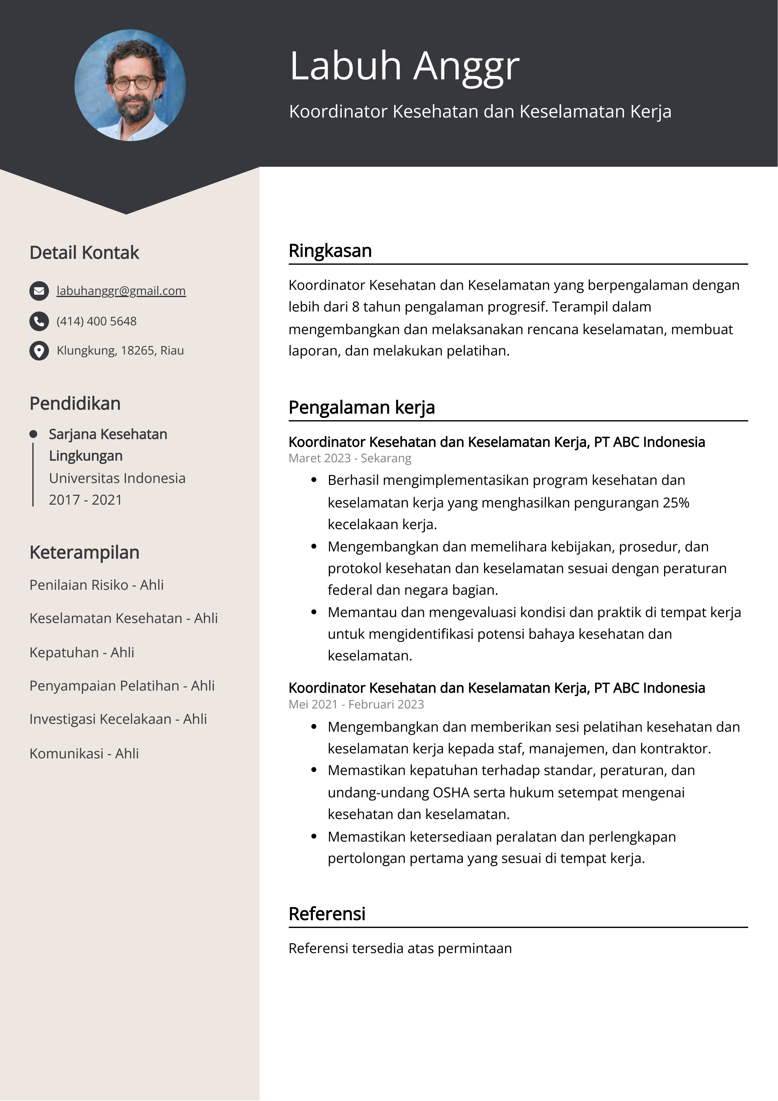 Contoh Resume Koordinator Kesehatan dan Keselamatan Kerja