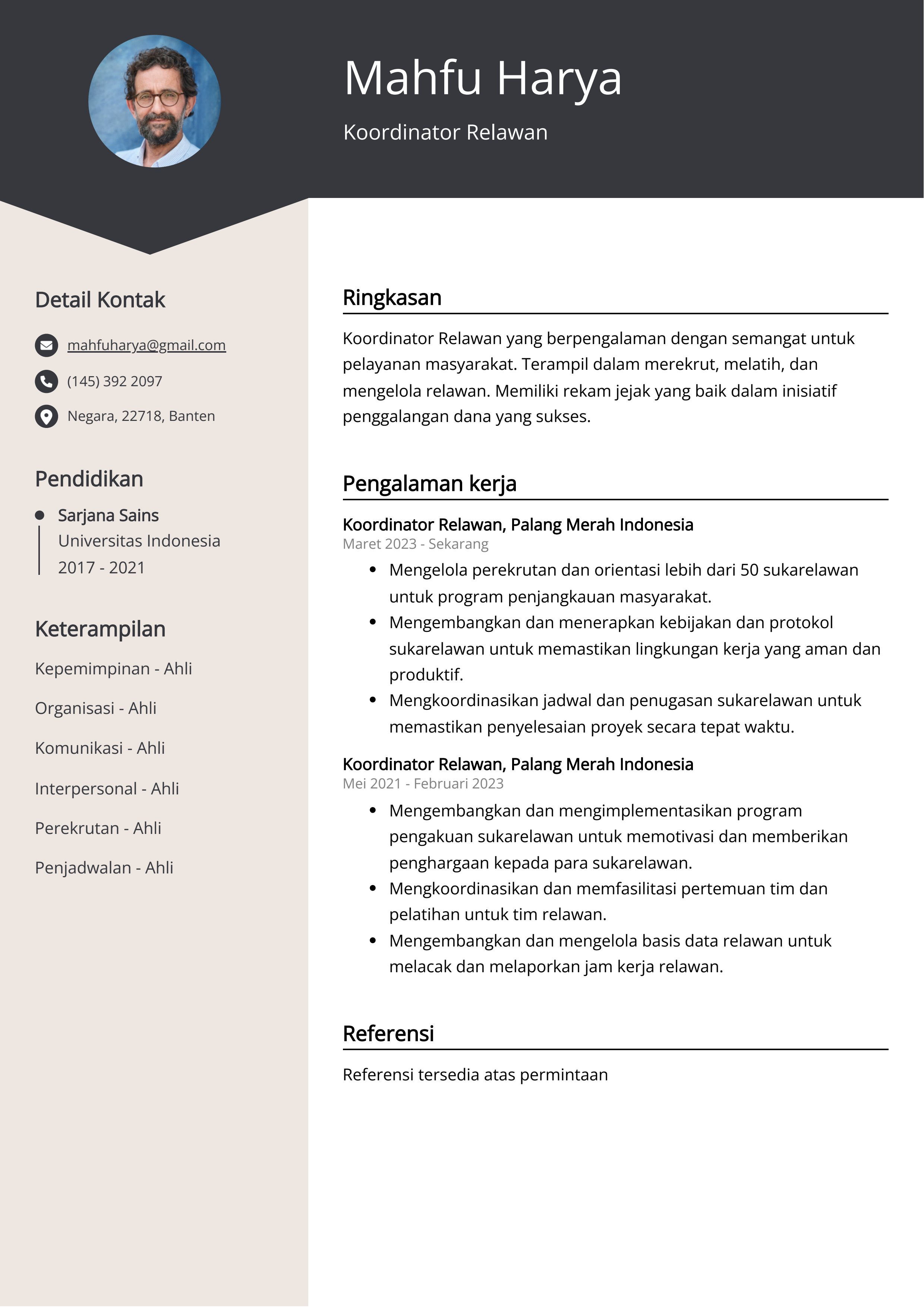 Contoh Resume Koordinator Relawan