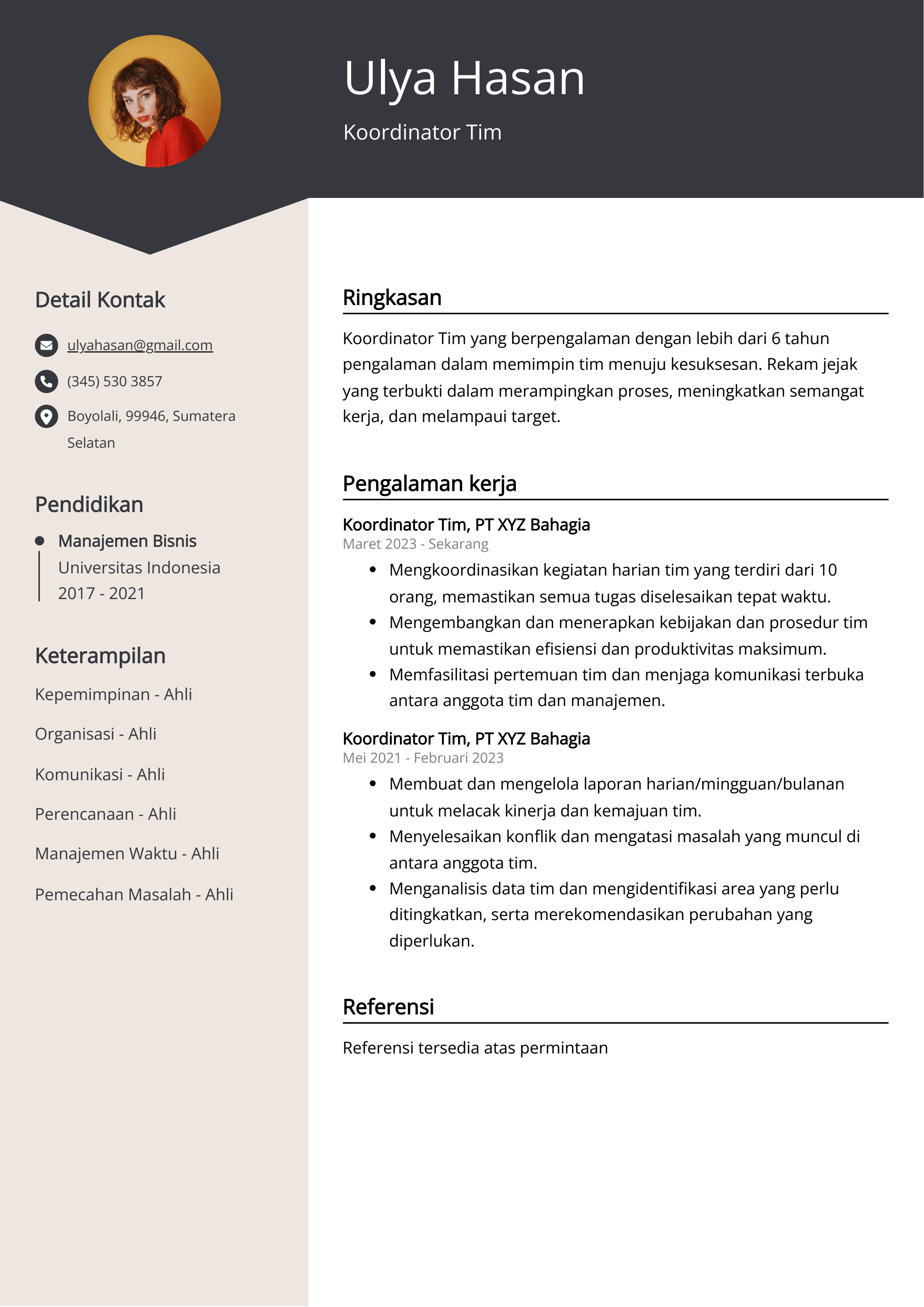 Contoh Resume Koordinator Tim