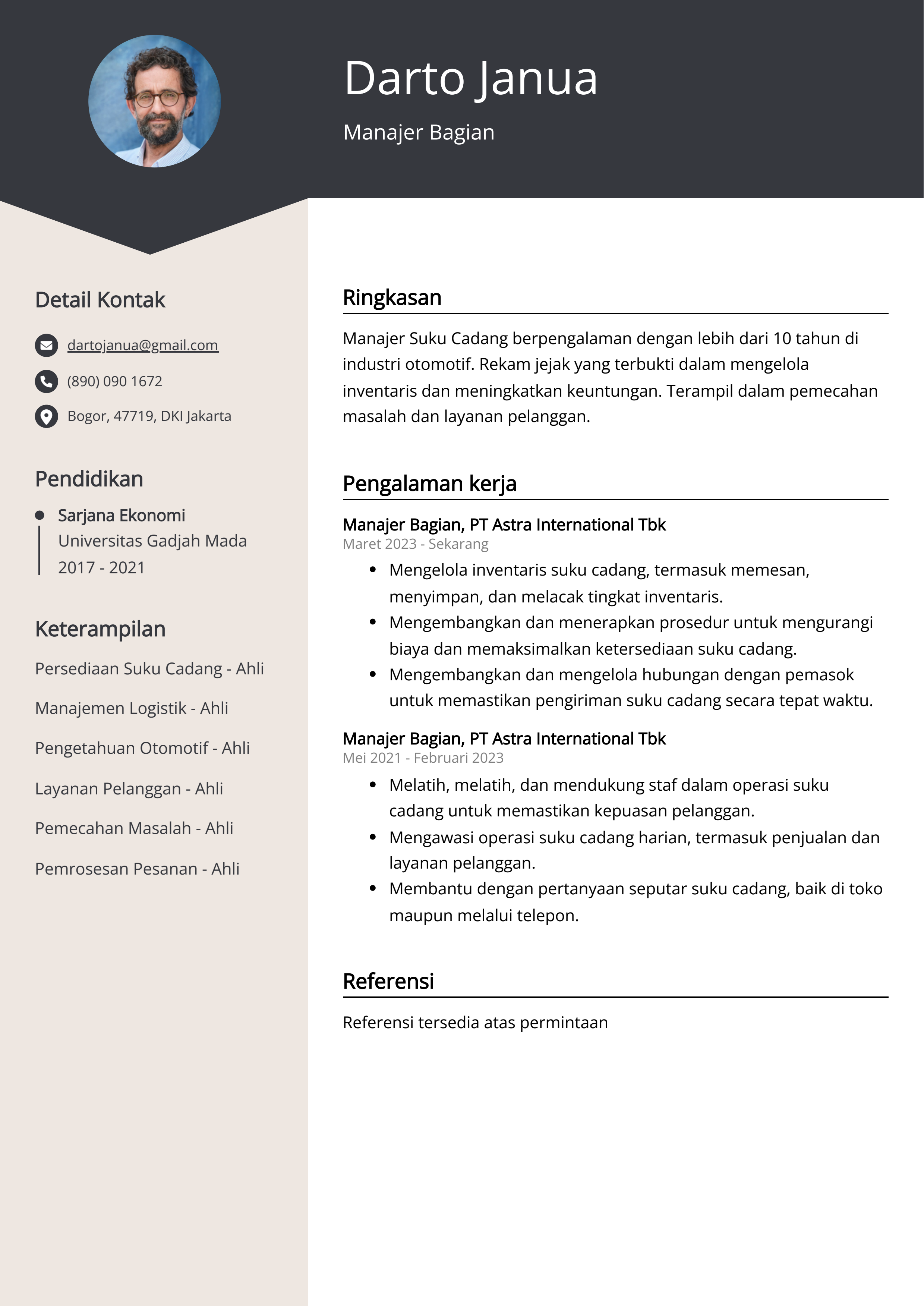 Contoh Resume Manajer Bagian