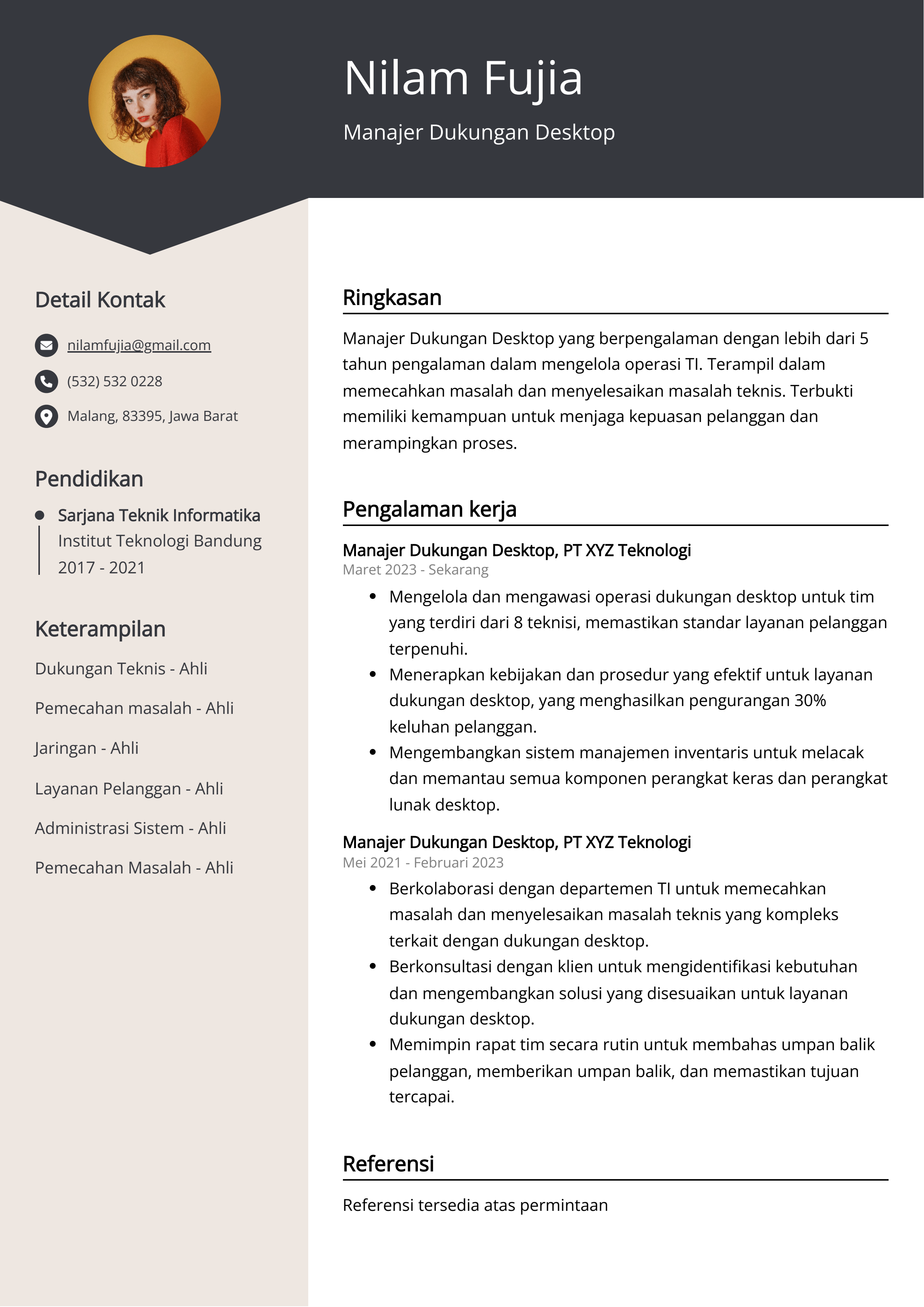 Contoh Resume Manajer Dukungan Desktop