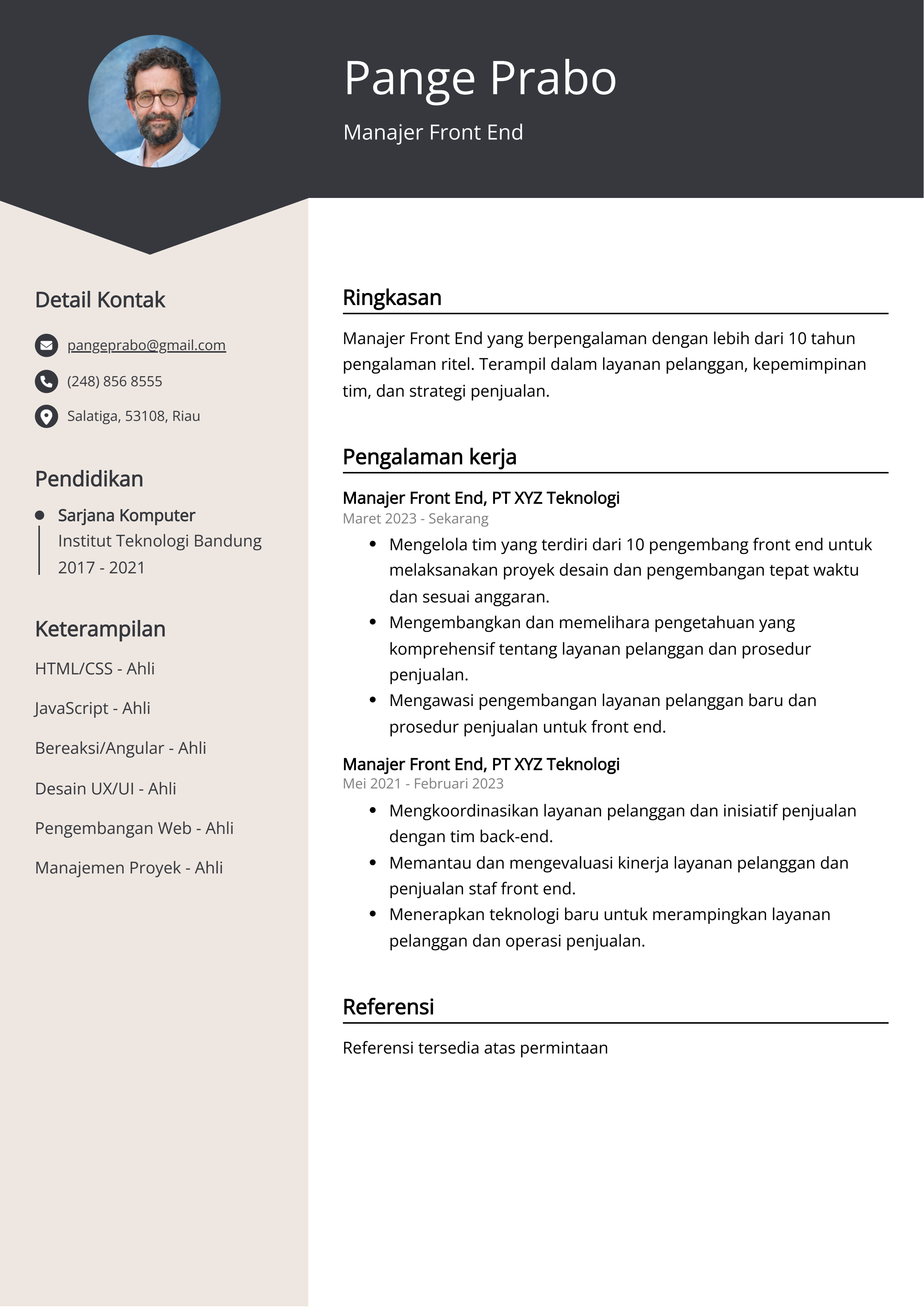Contoh Resume Manajer Front End