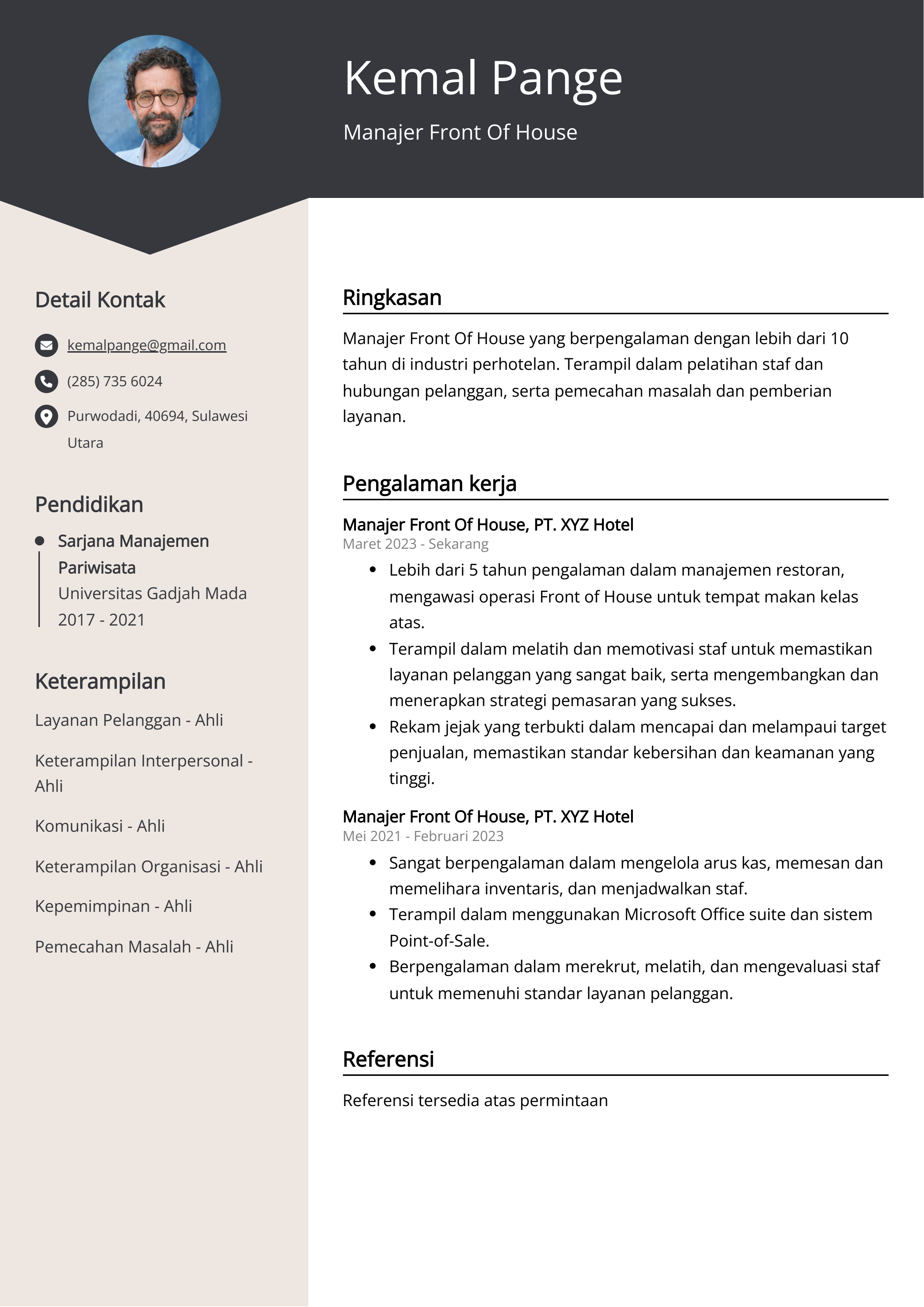 Contoh Resume Manajer Front Of House