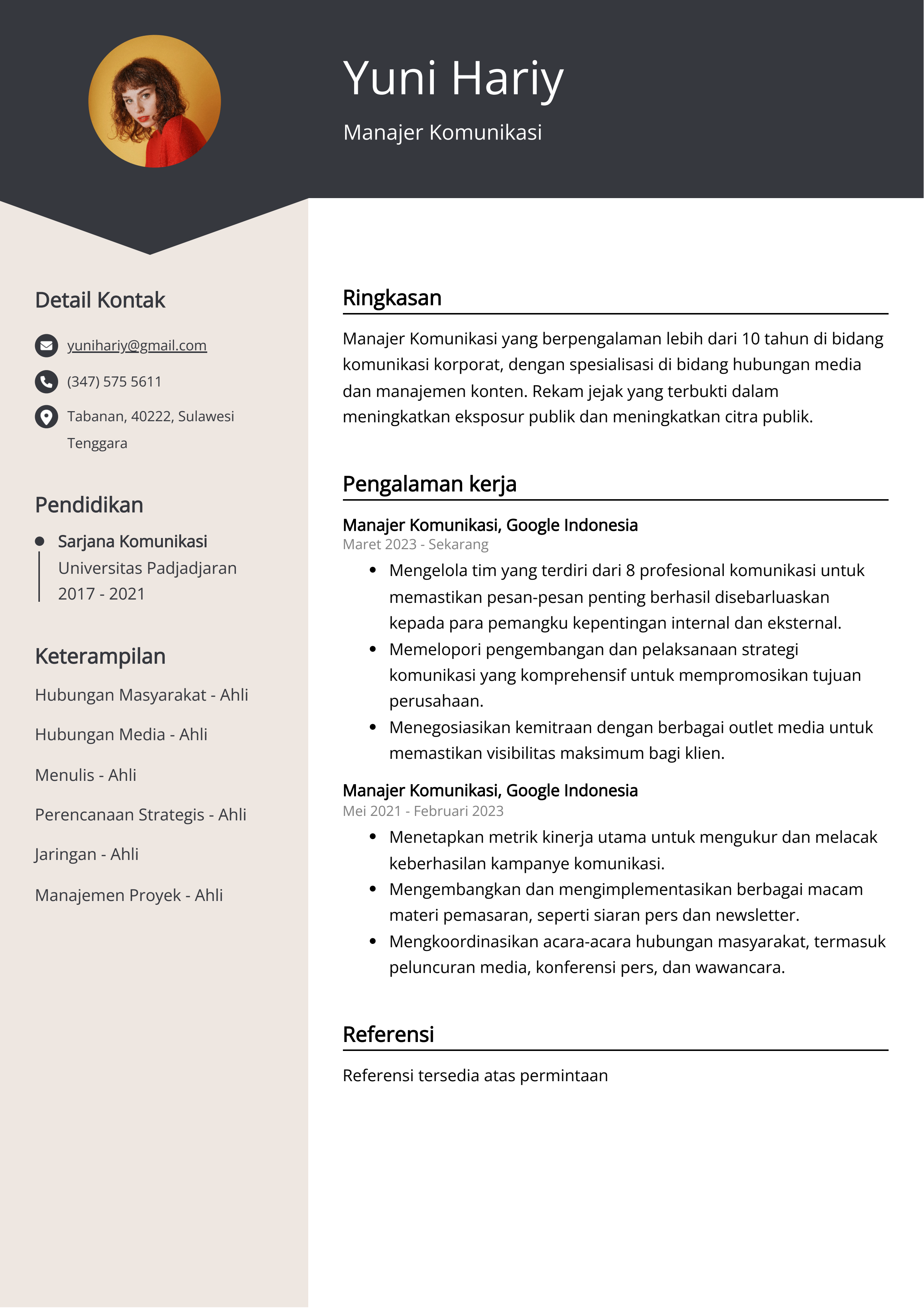 Contoh Resume Manajer Komunikasi