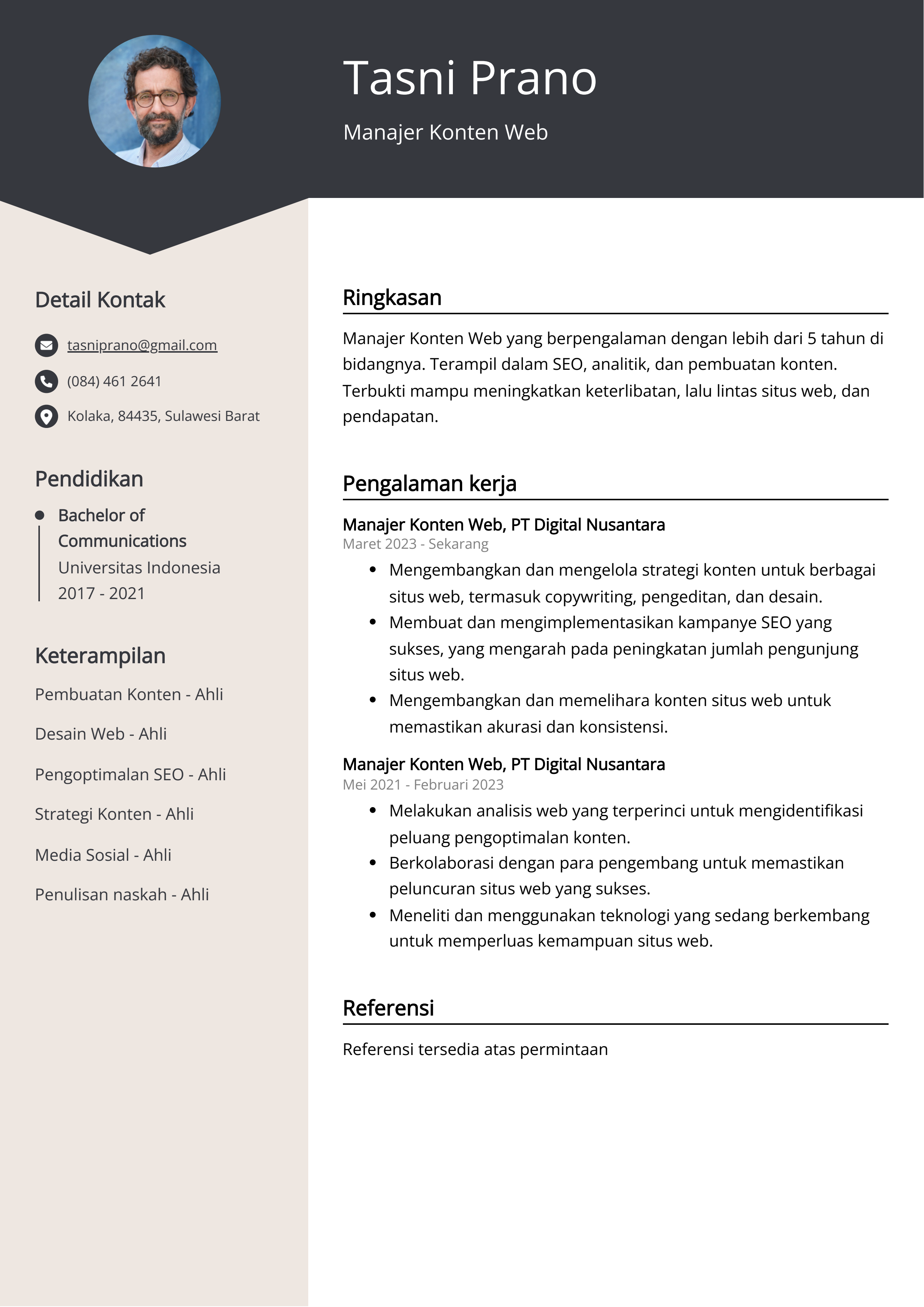 Contoh Resume Manajer Konten Web