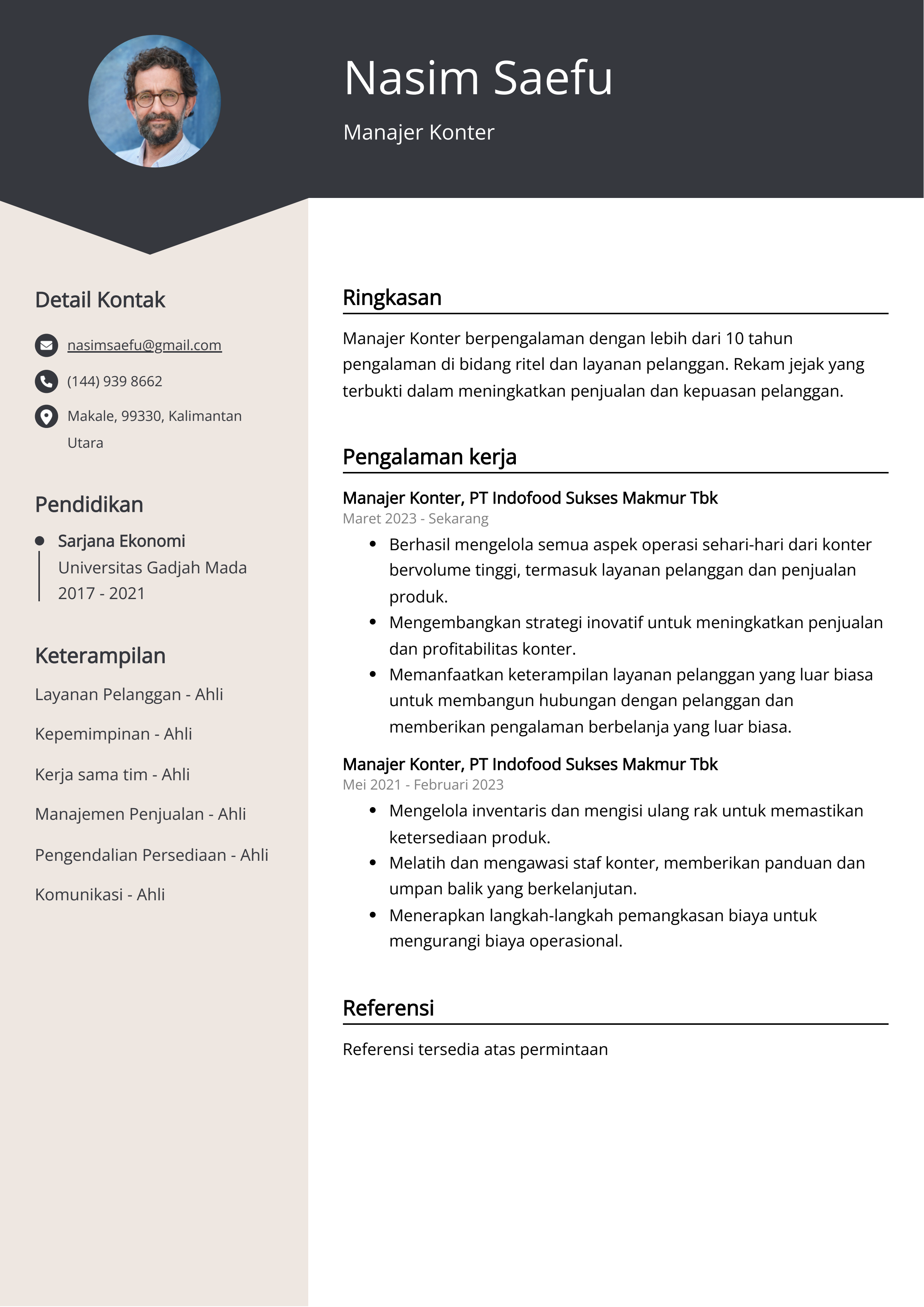 Contoh Resume Manajer Konter