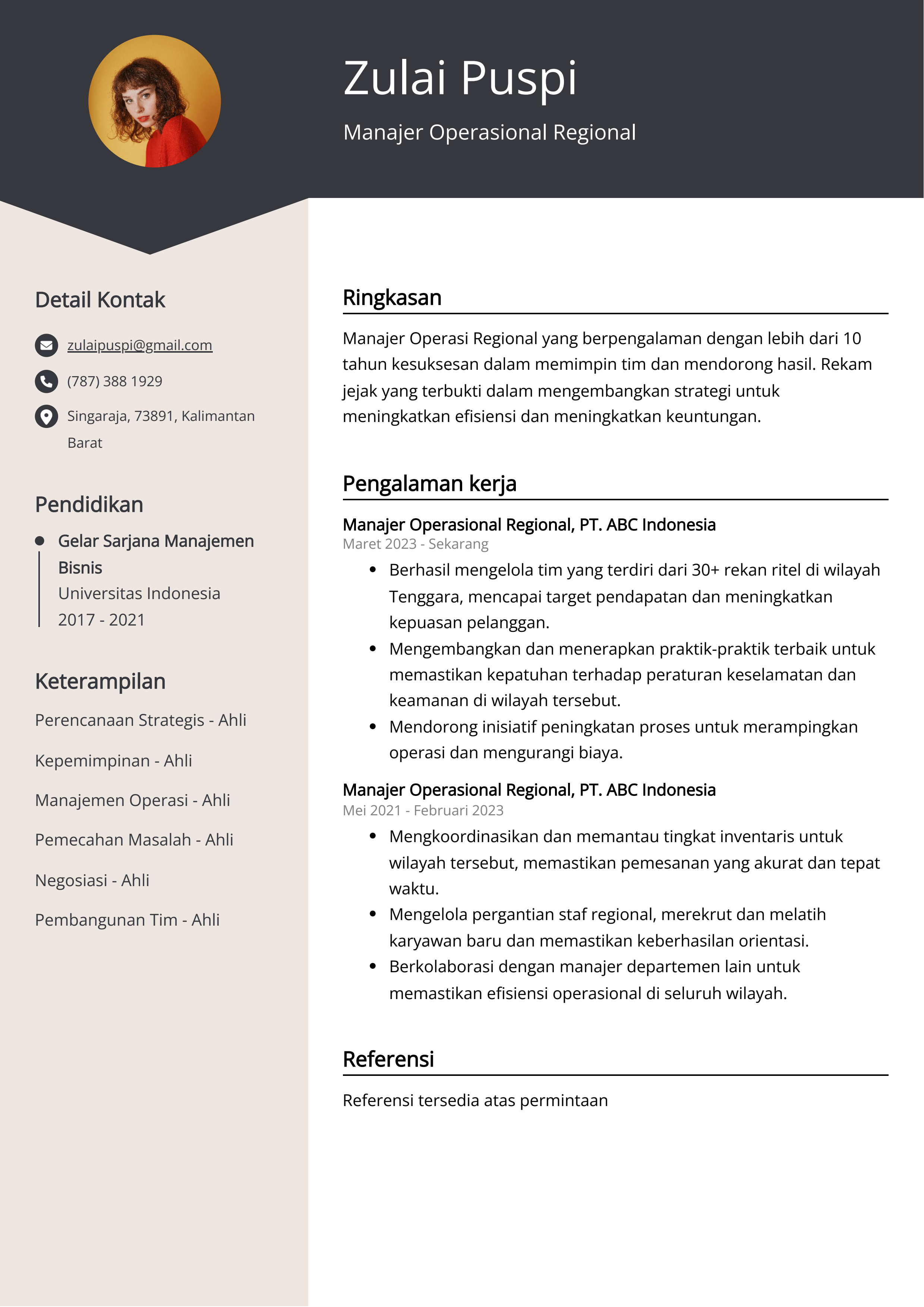 Contoh Resume Manajer Operasional Regional