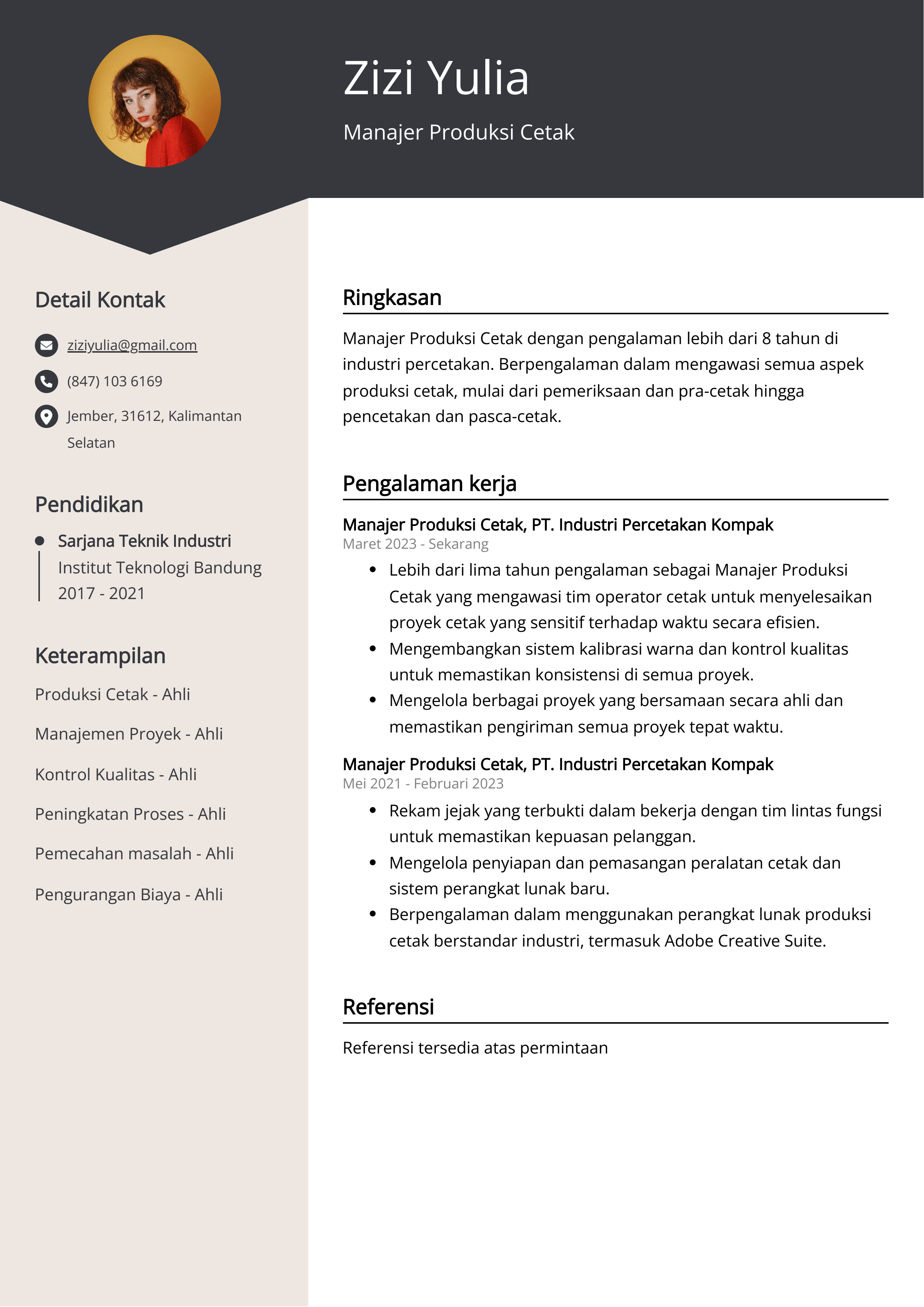 Contoh Resume Manajer Produksi Cetak