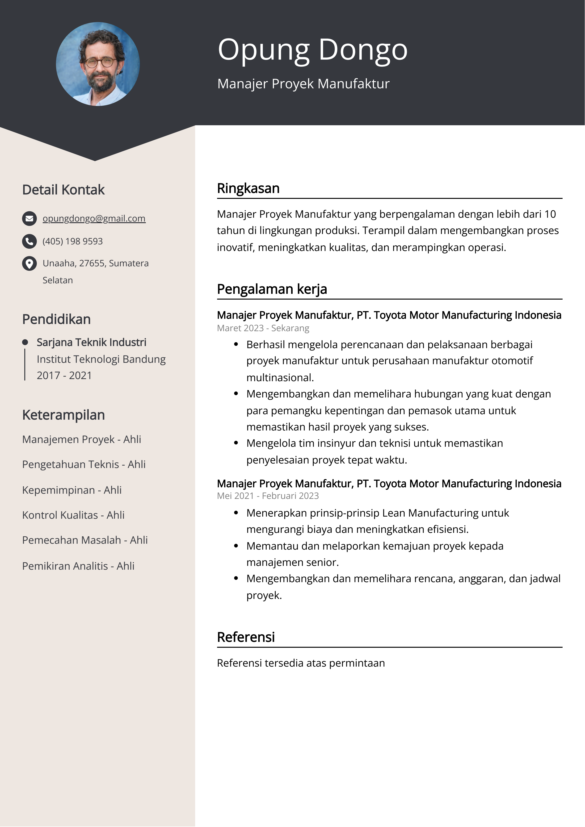 Contoh Resume Manajer Proyek Manufaktur