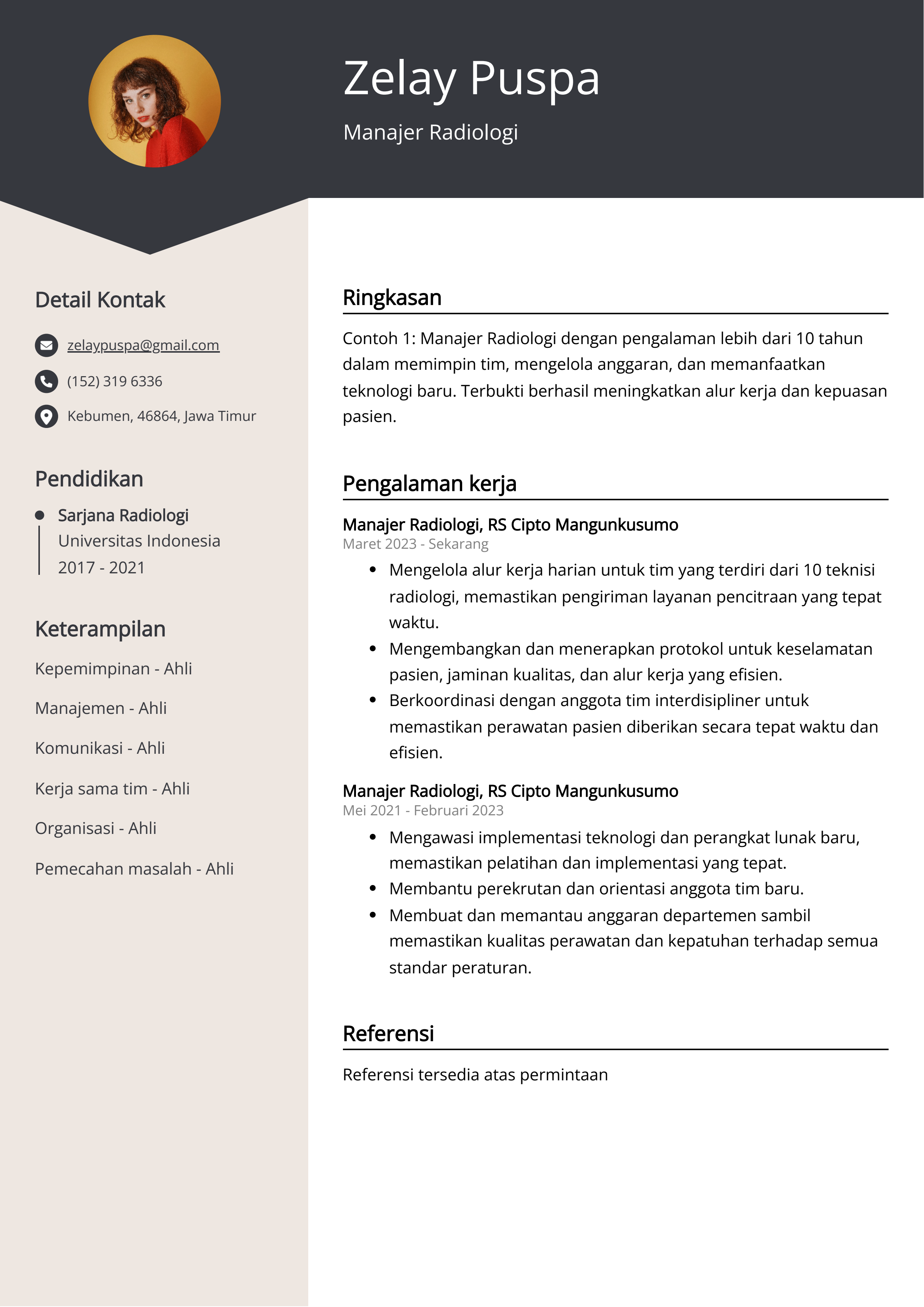 Contoh Resume Manajer Radiologi