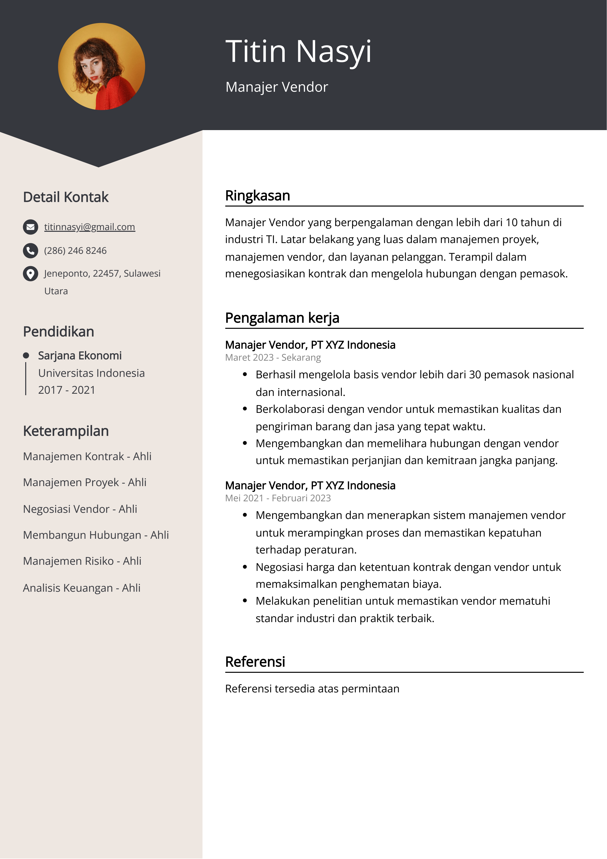 Contoh Resume Manajer Vendor