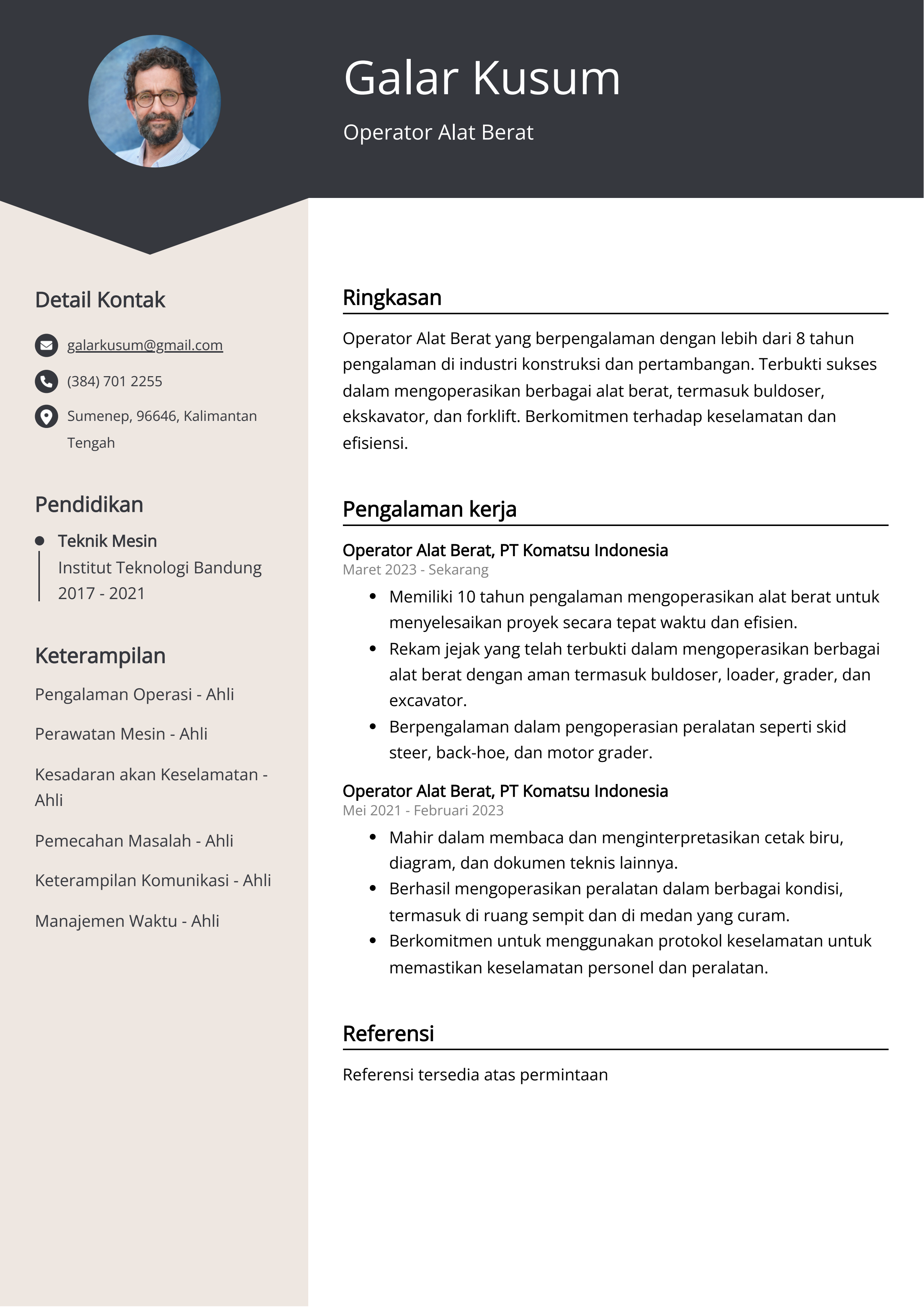 Contoh Resume Operator Alat Berat