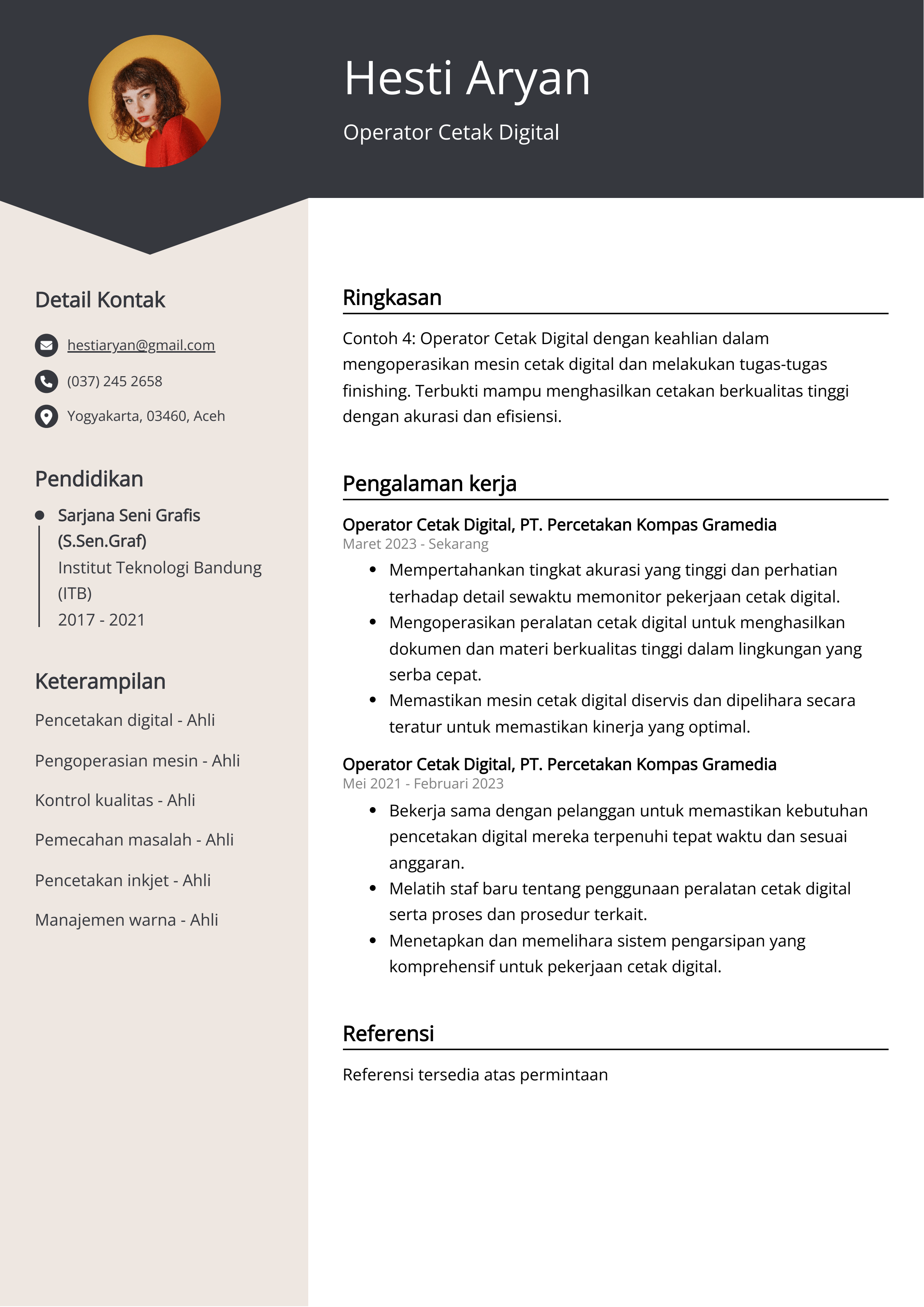 Operator Cetak Contoh Resume Digital