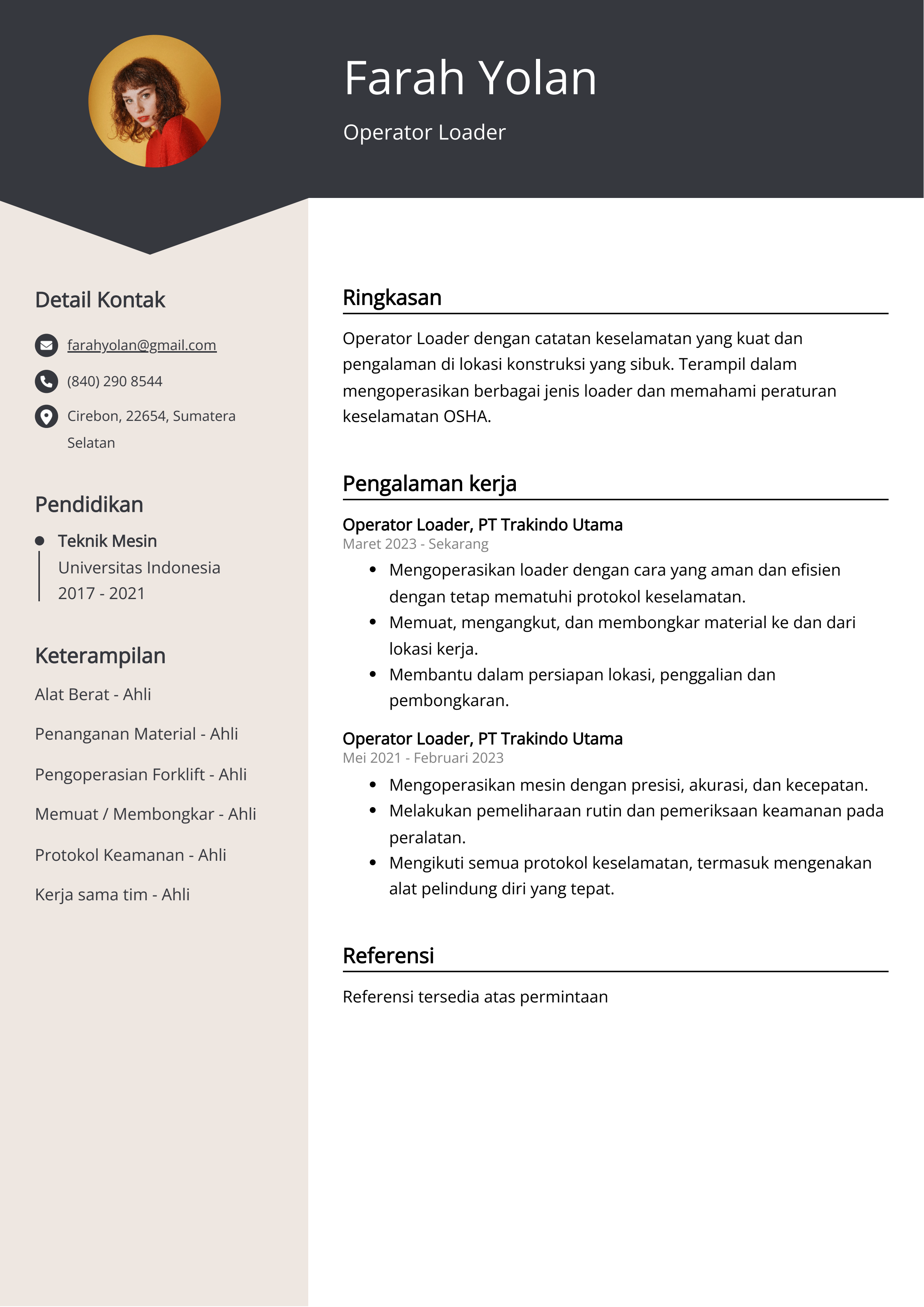 Contoh Resume Operator Loader