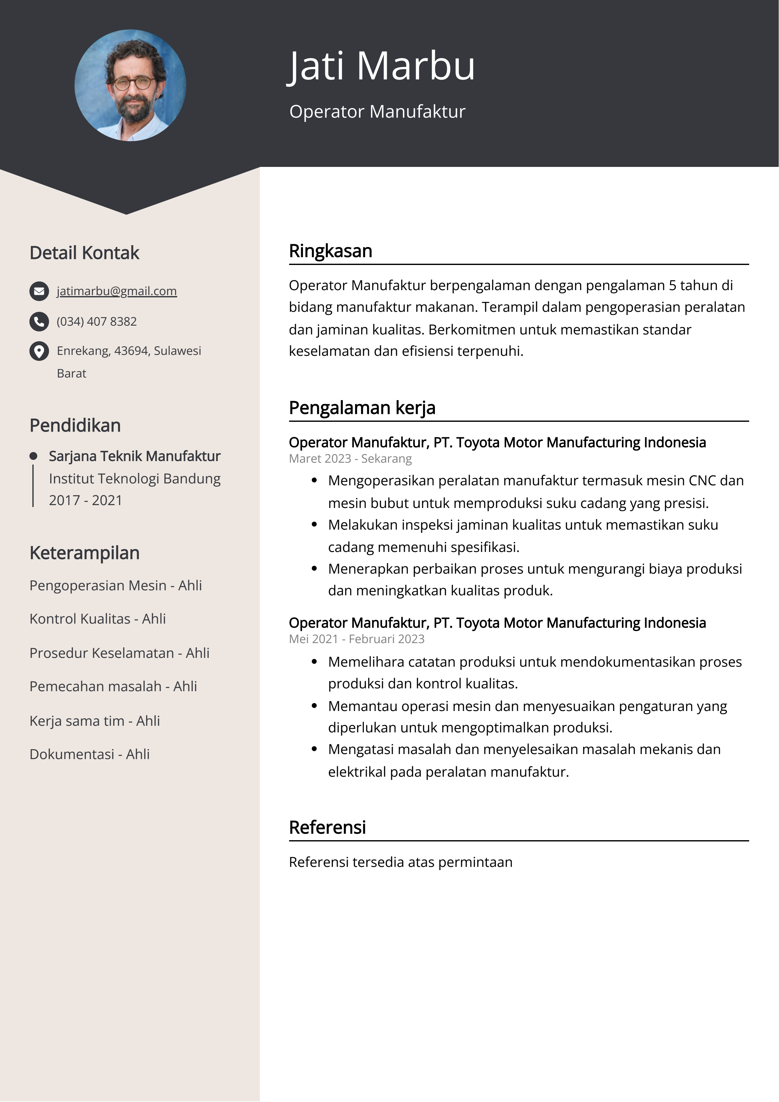 Contoh Resume Operator Manufaktur