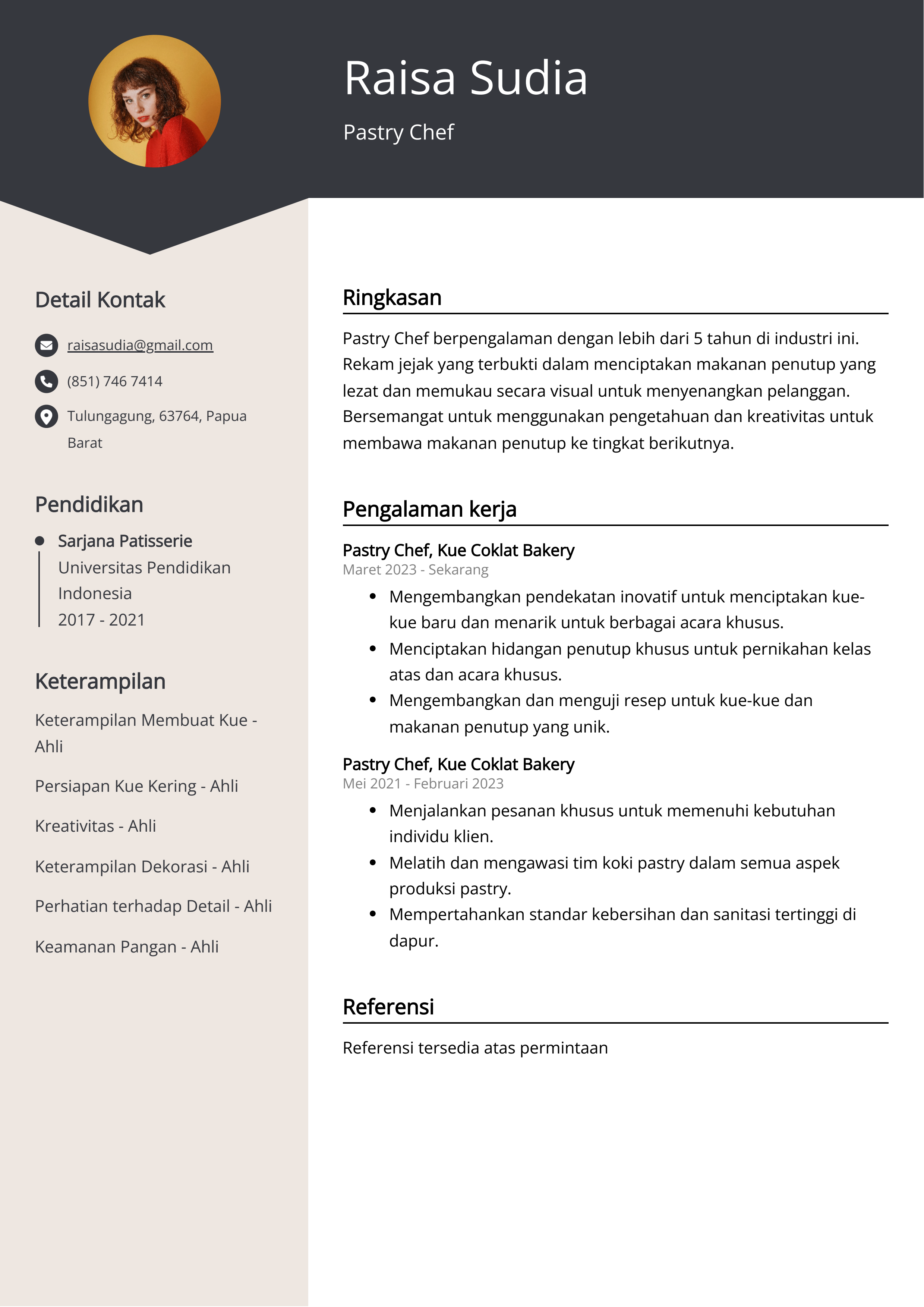 Contoh Resume Pastry Chef