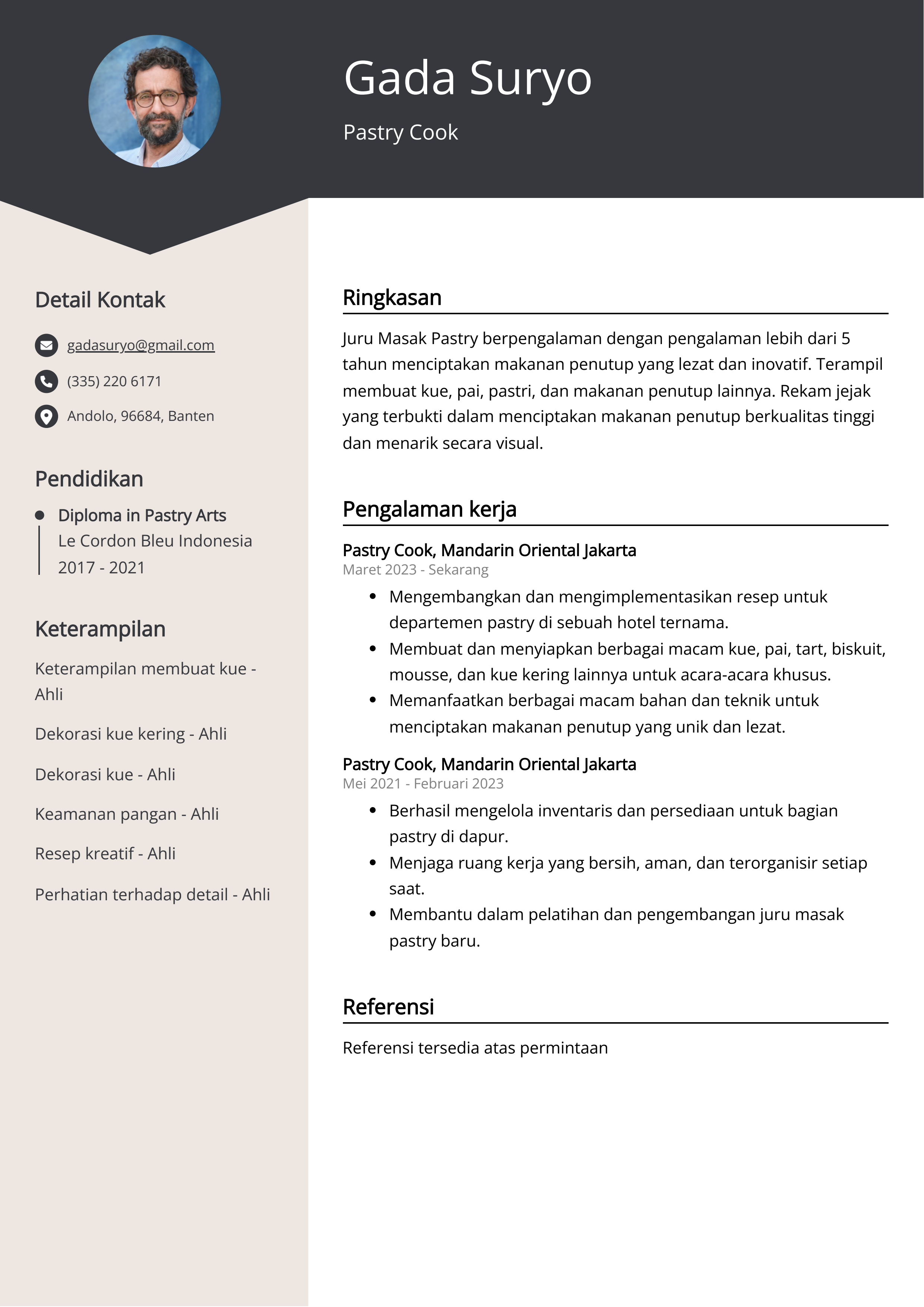 Contoh Resume Pastry Cook