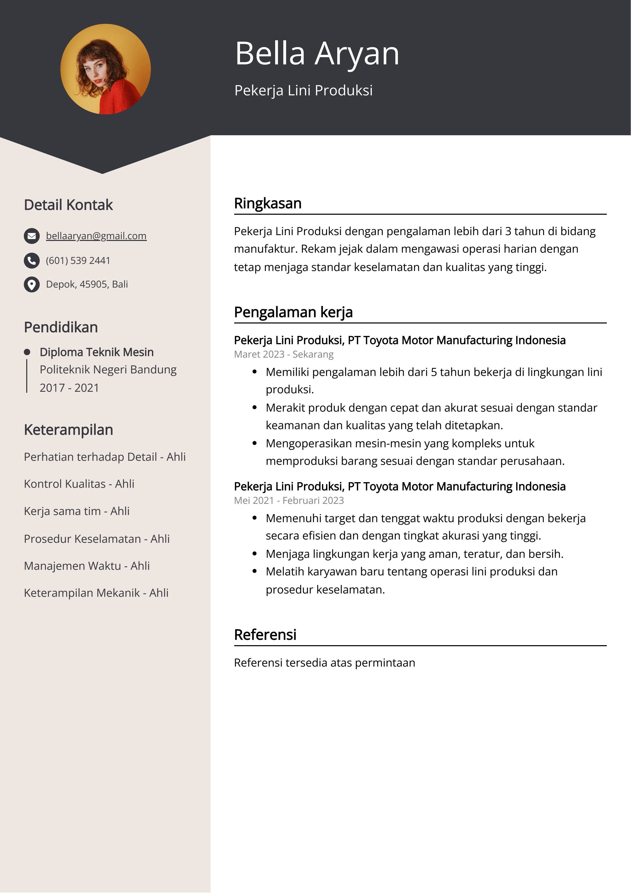 Contoh Resume Pekerja Lini Produksi