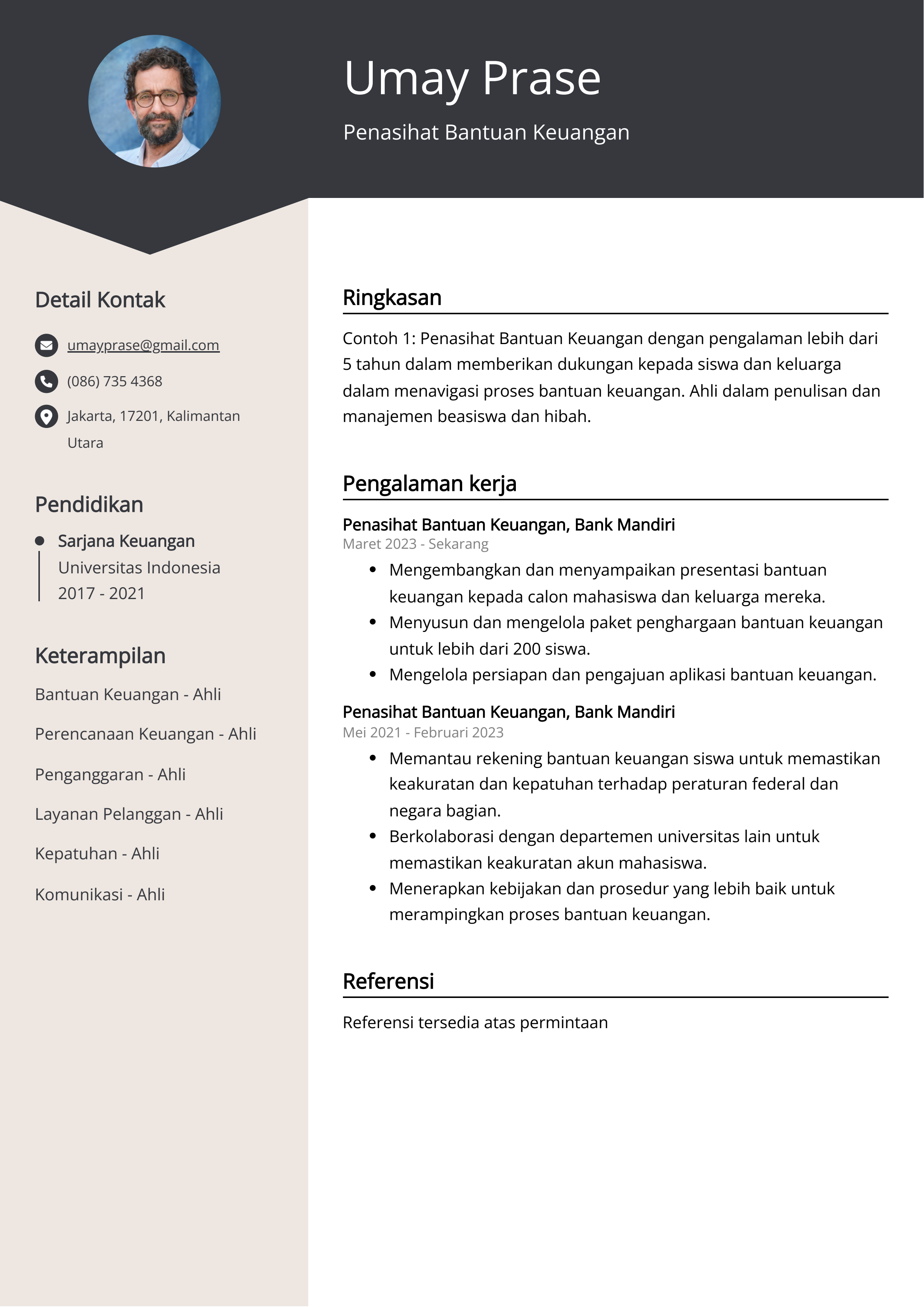 Contoh Resume Penasihat Bantuan Keuangan