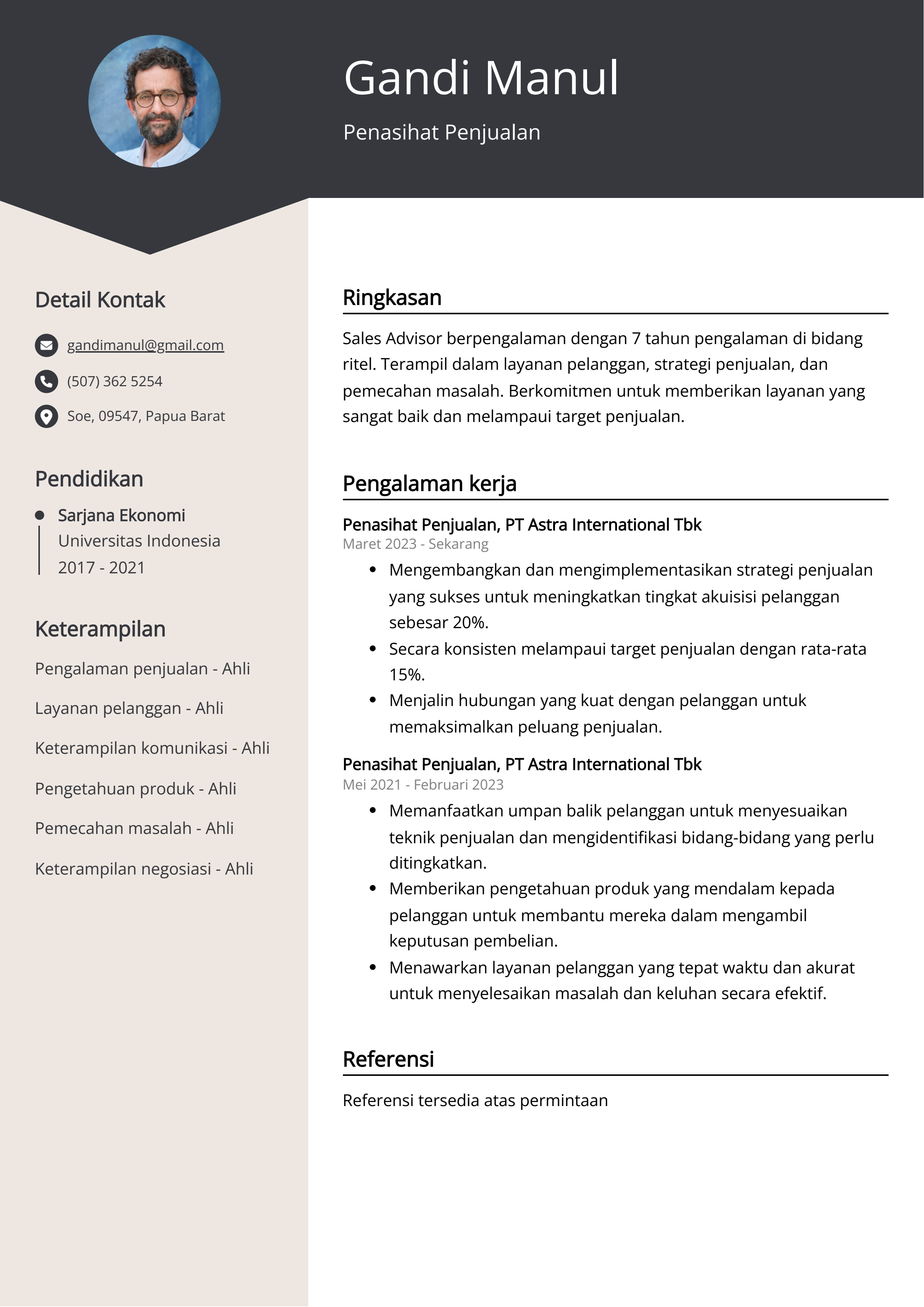 Contoh Resume Penasihat Penjualan